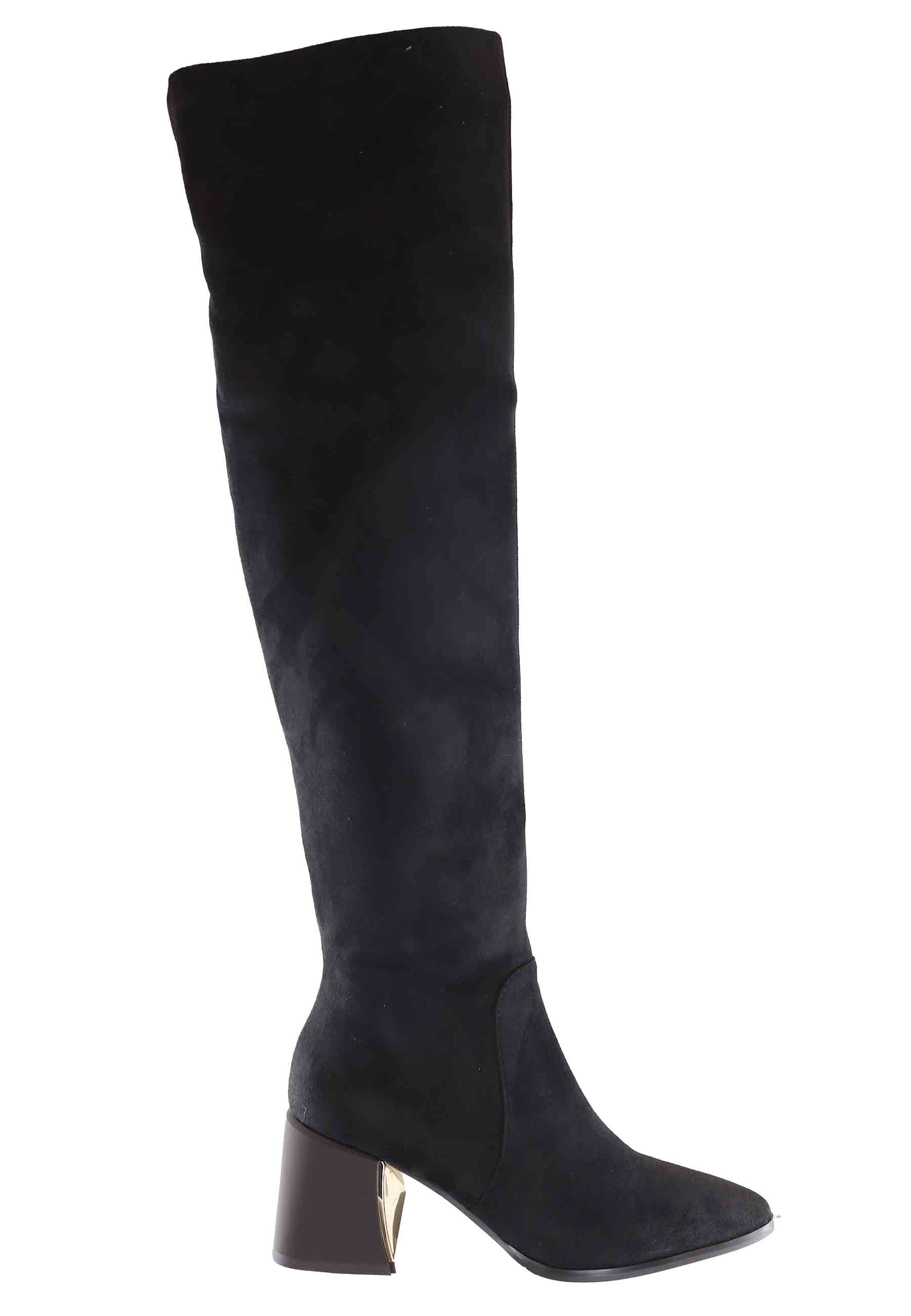Women's boots in black stretch eco suede with high heel and square toe