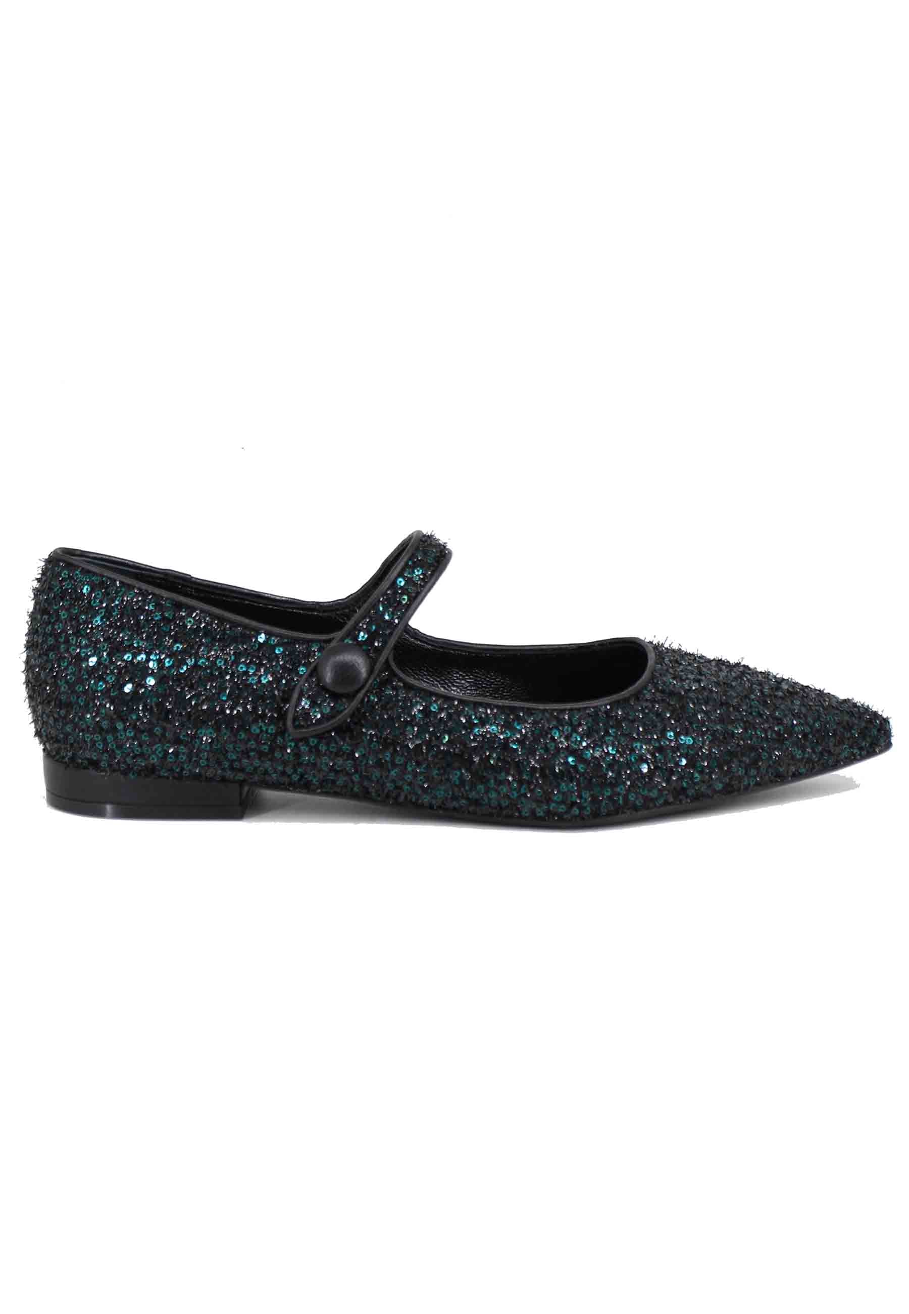 Women's ballet flats in green glitter fabric