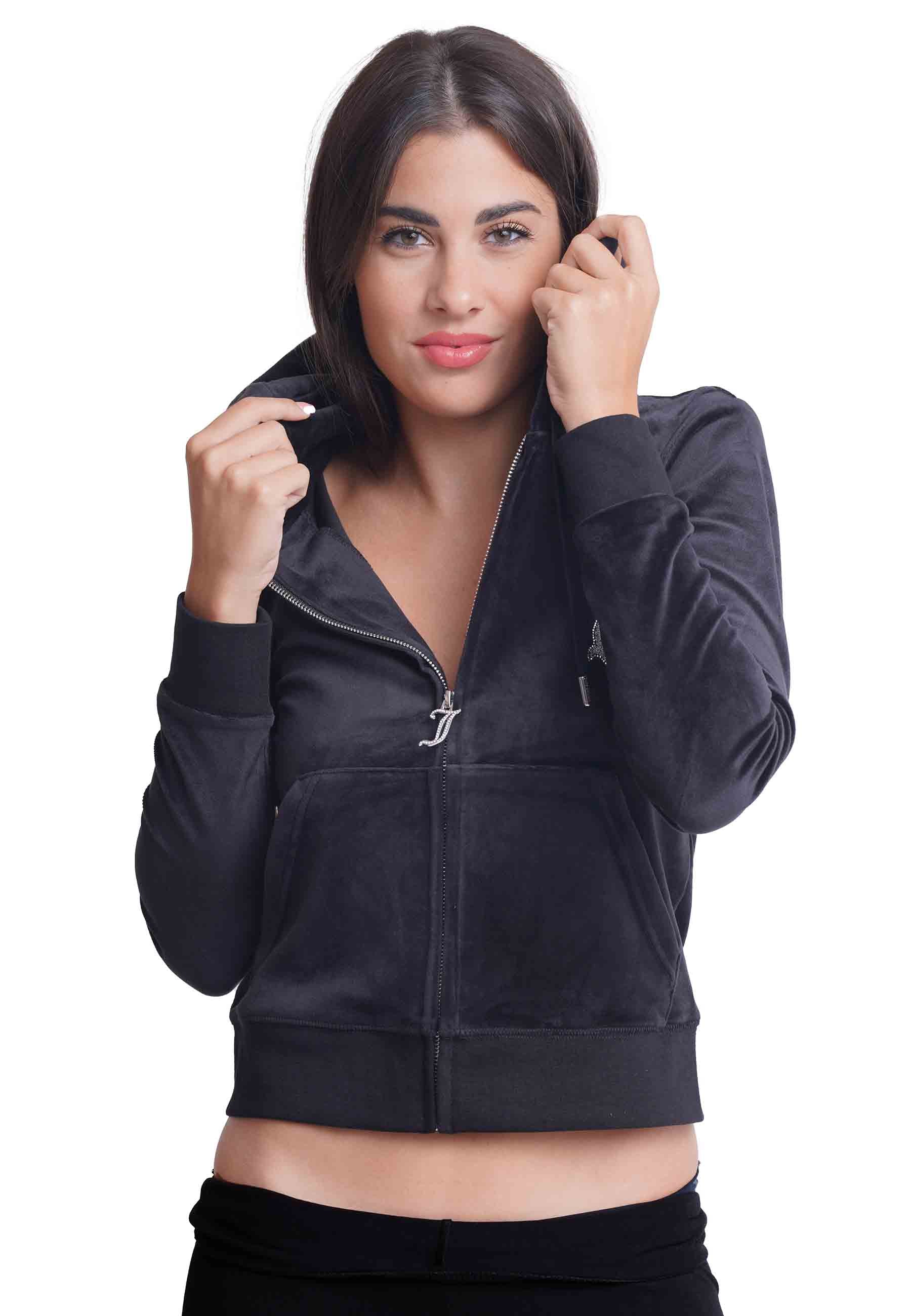 Diamond women's sweatshirt with hood in black velvet and rhinestones