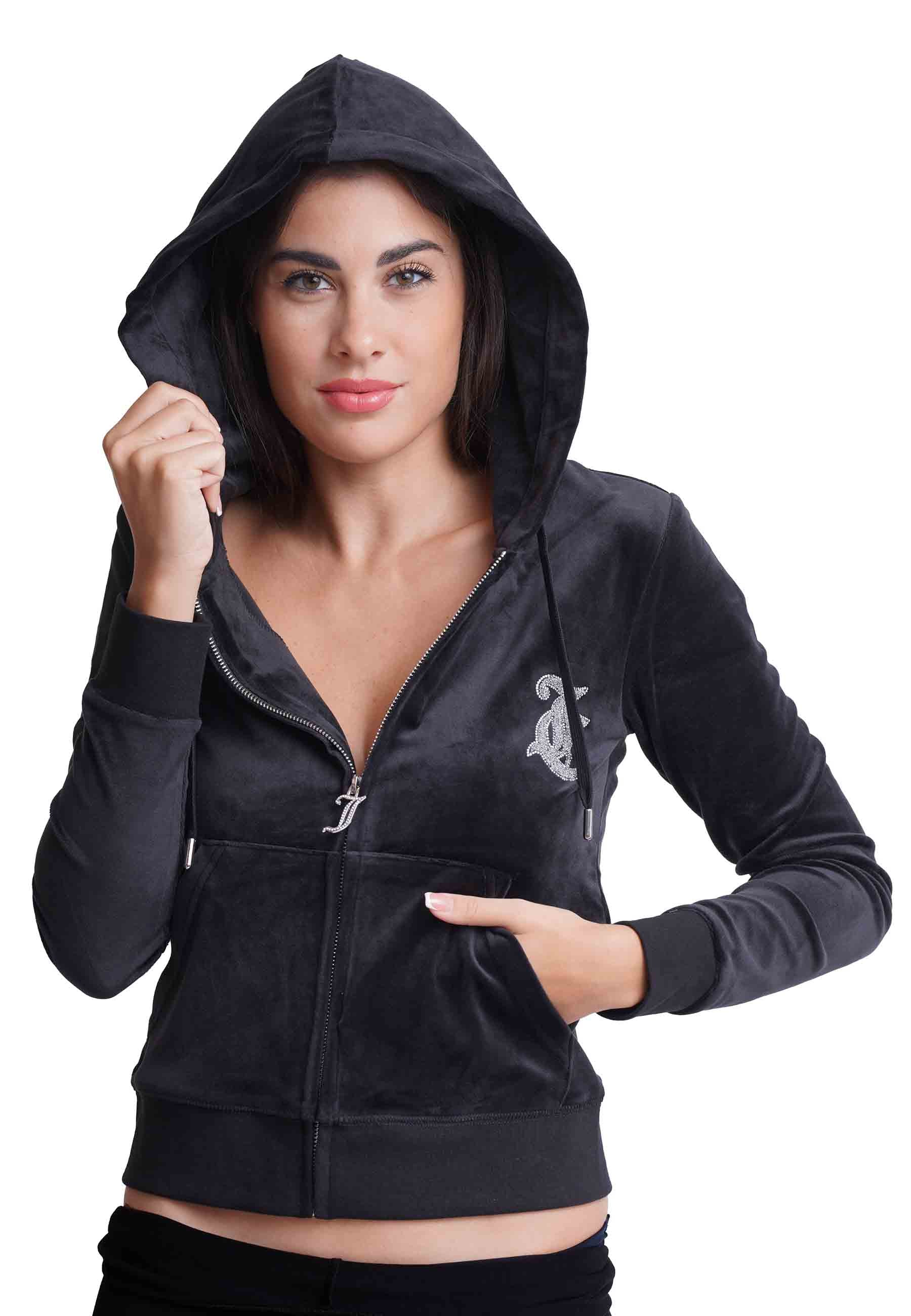Diamond women's sweatshirt with hood in black velvet and rhinestones