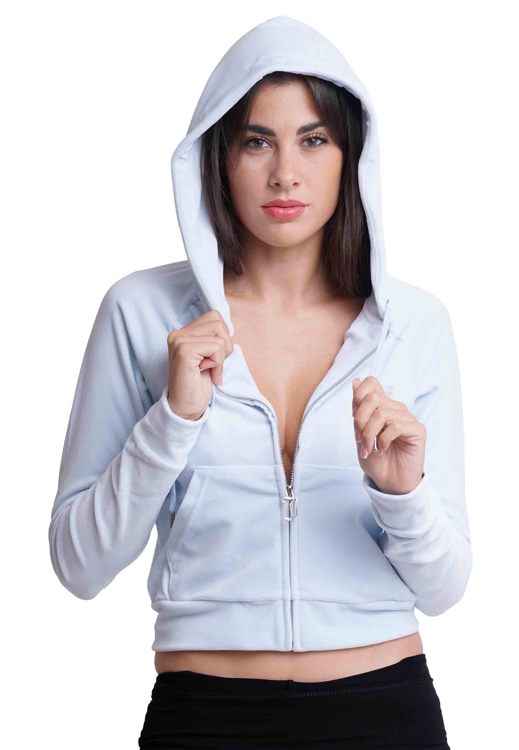 Diamond women's sweatshirt in light blue velvet with hood and rhinestones