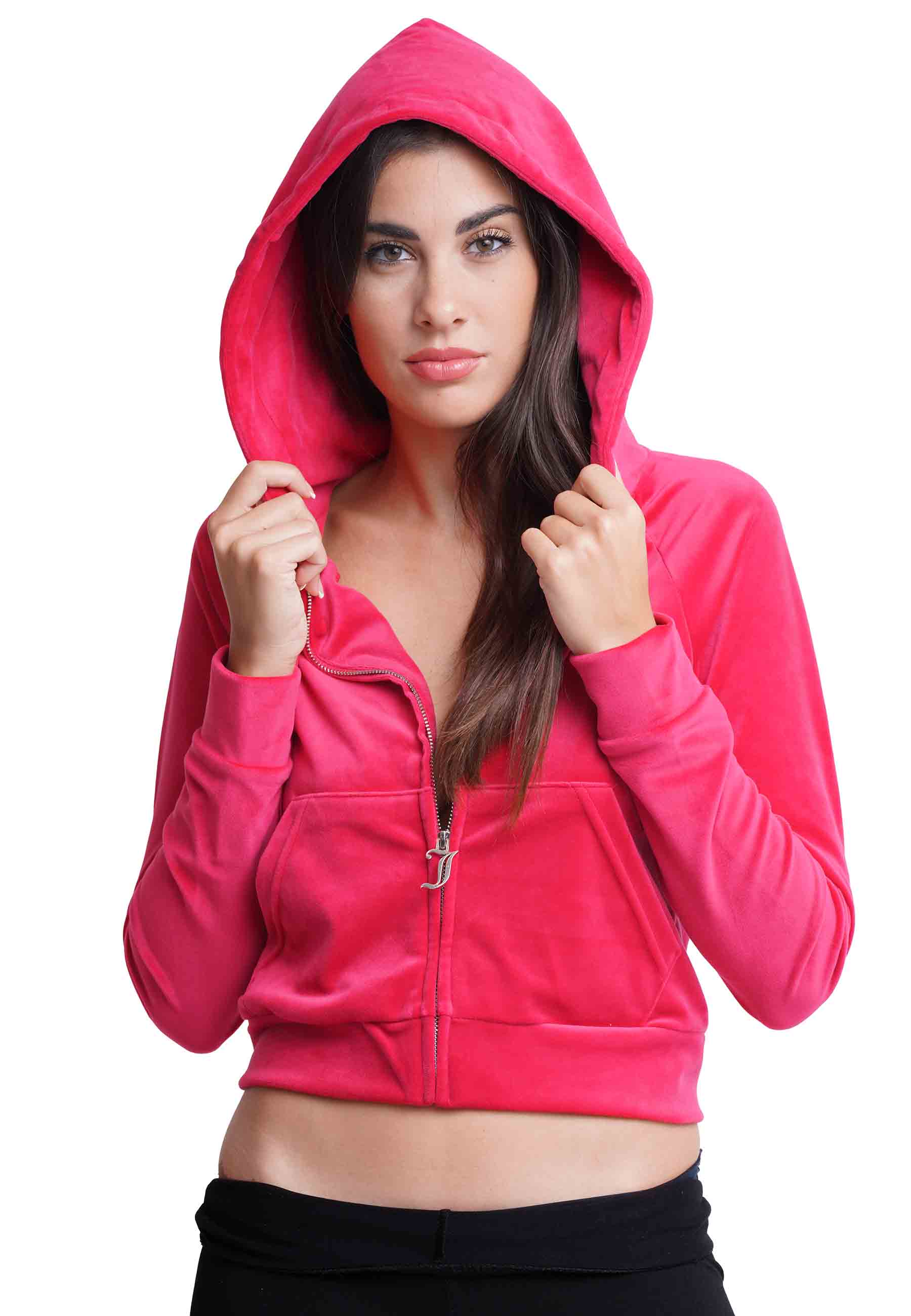 Diamond women's sweatshirt in fuchsia velvet with hood and rhinestones