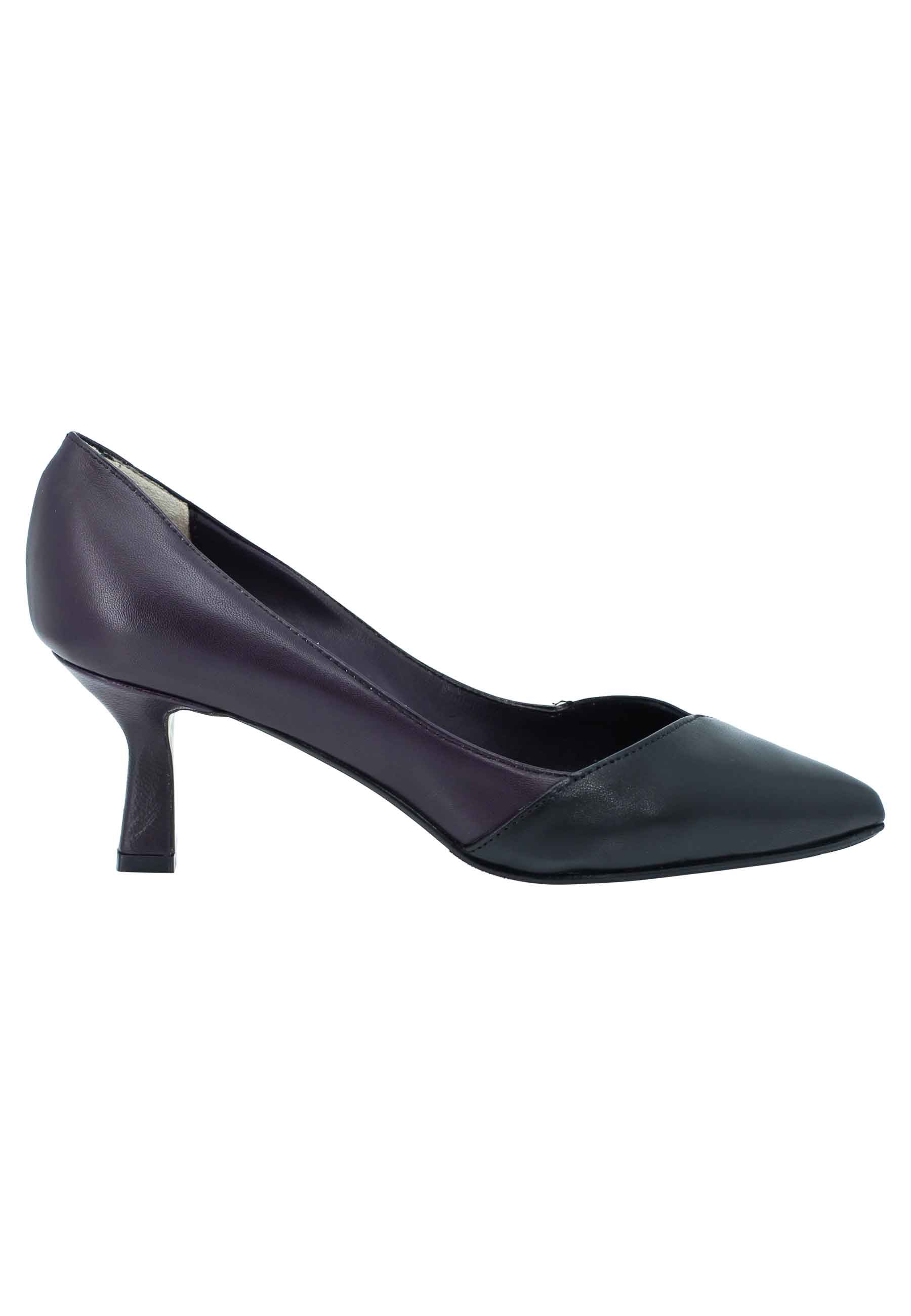 Women's decollete in two-tone black and purple leather with low heel