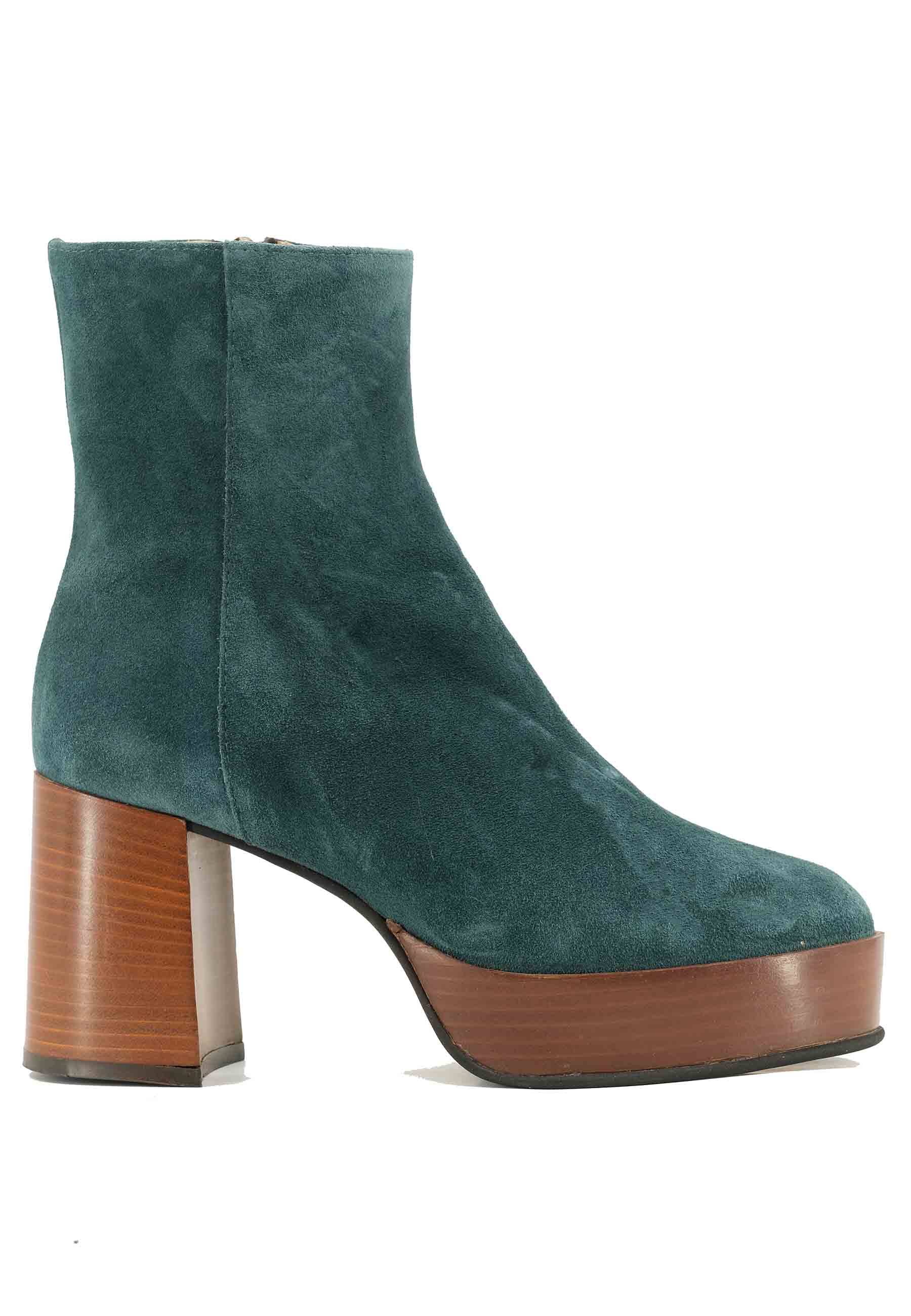 TR1556 ankle boots in petrol green suede with high heel and platform with side zip closure