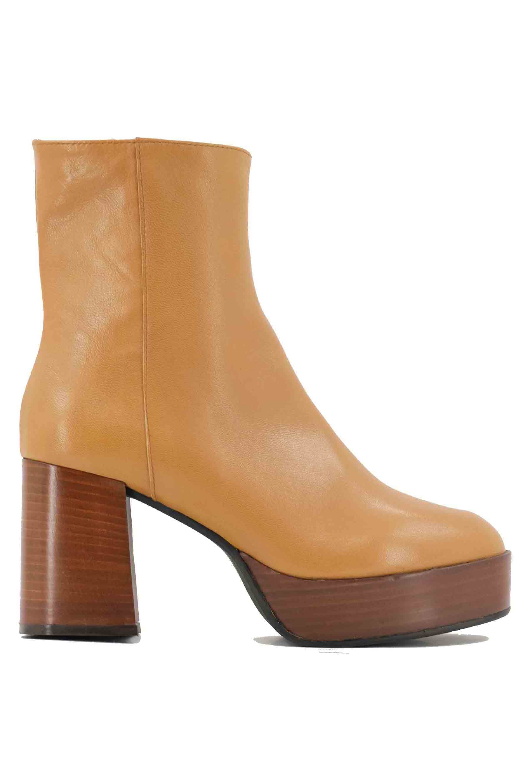 TR1556 mustard leather ankle boots with high heel and platform with side zip closure