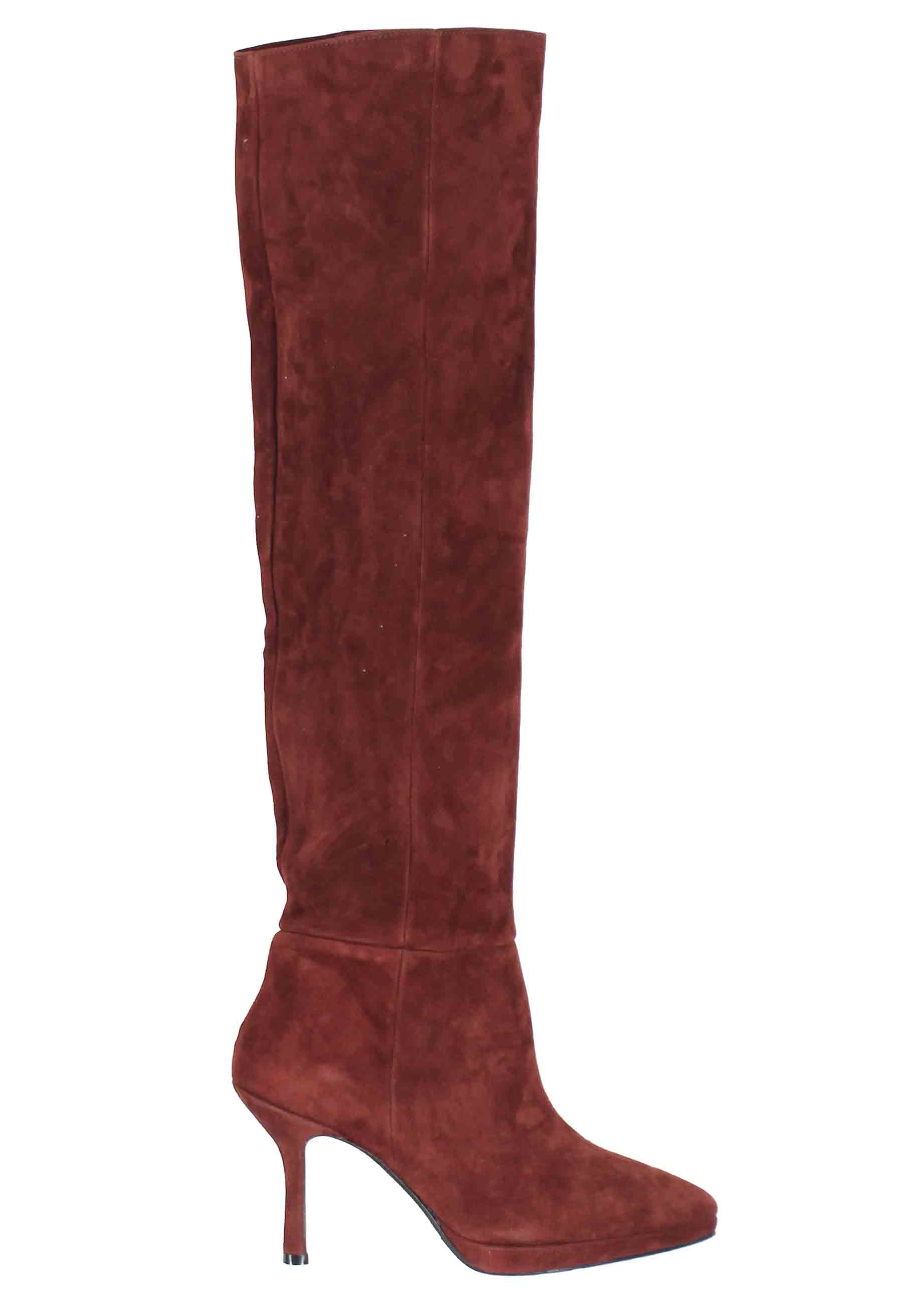 Boots femme en daim marron à talon et plateforme