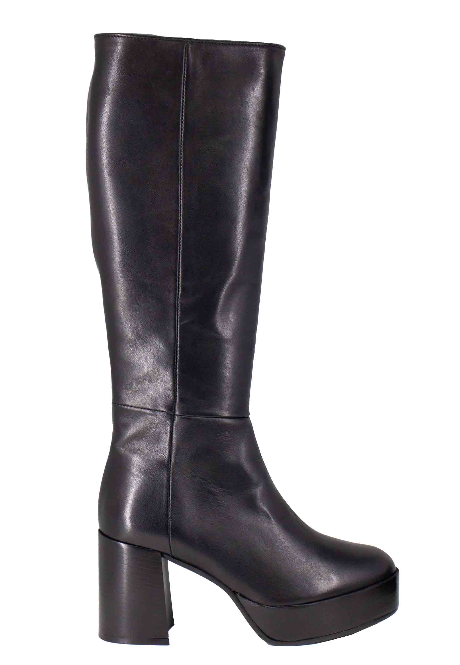 Women's black leather boots with heel and platform