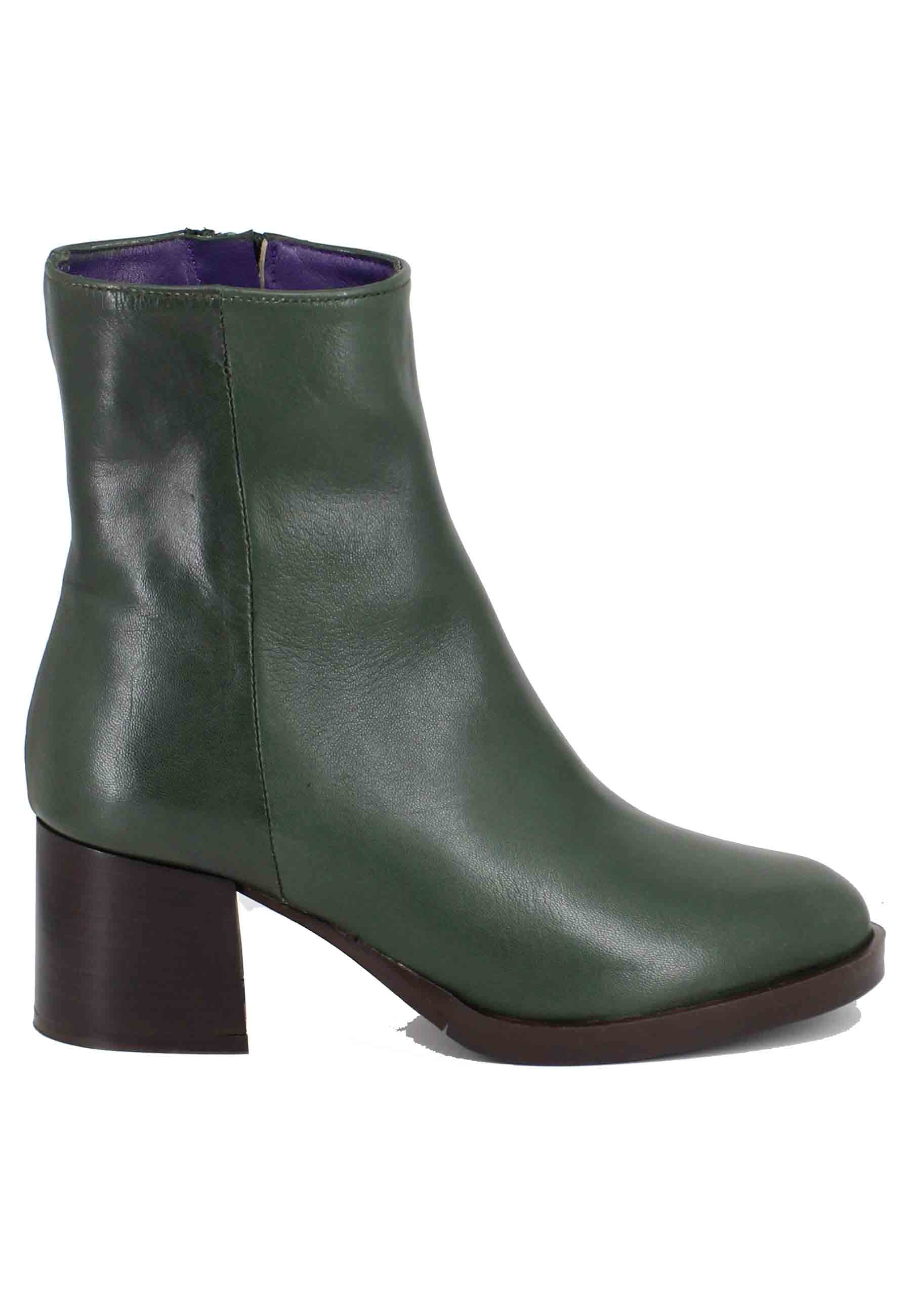 Women's low heel green leather ankle boots