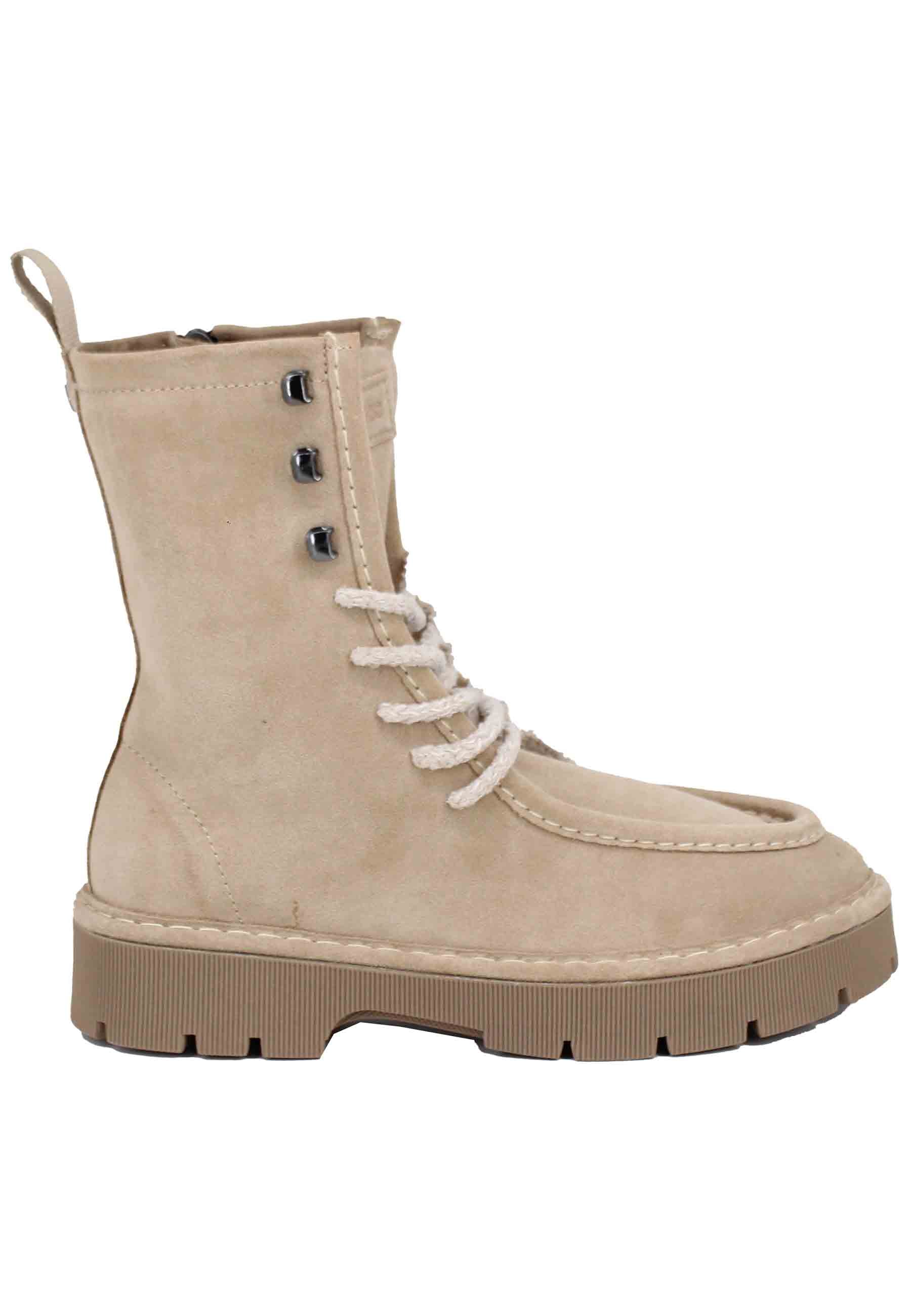 Women's combat lace-up ankle boots in beige suede