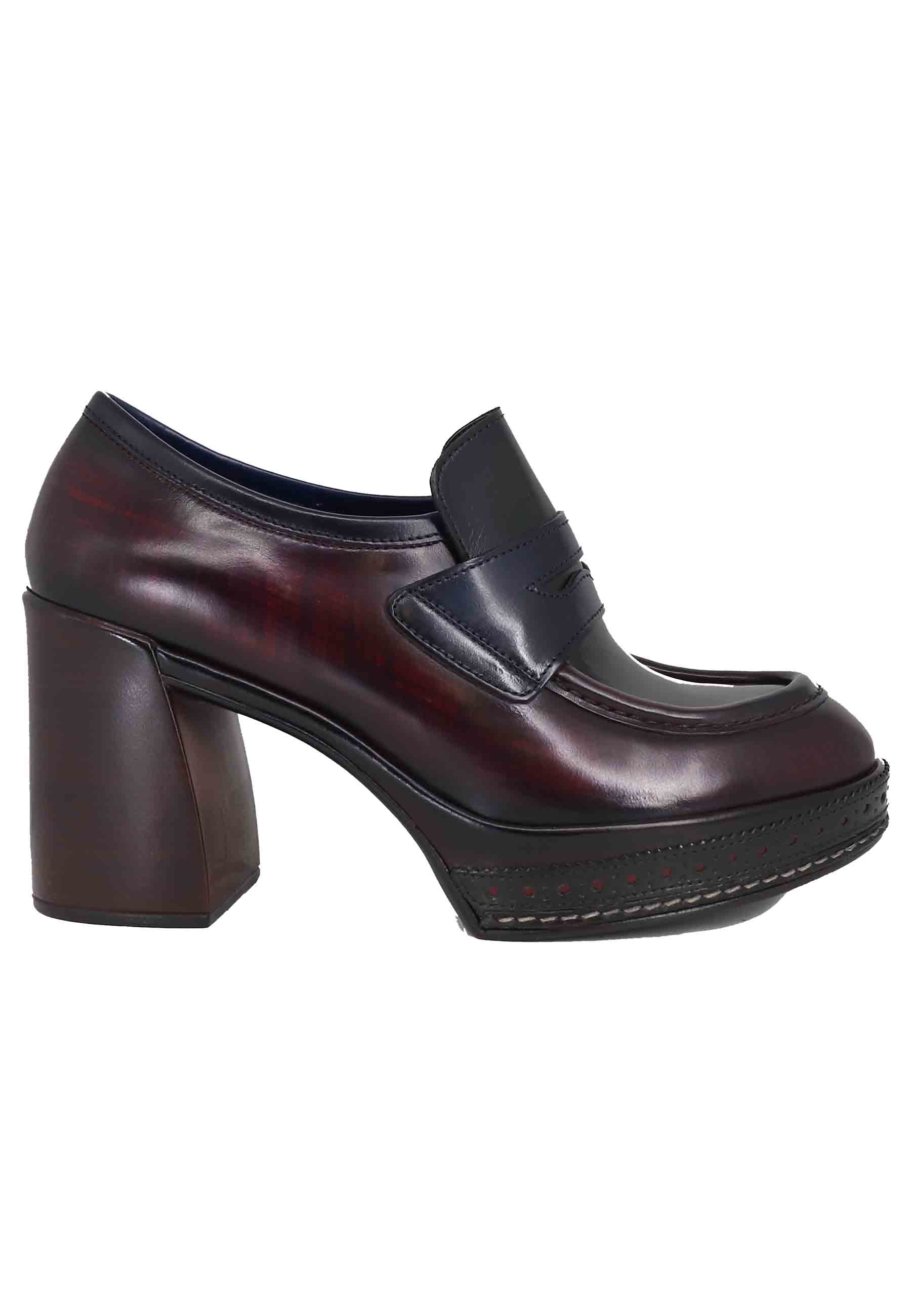 Spatarella Mocassini donna in pelle nera e bordeaux con tacco alto e plateau