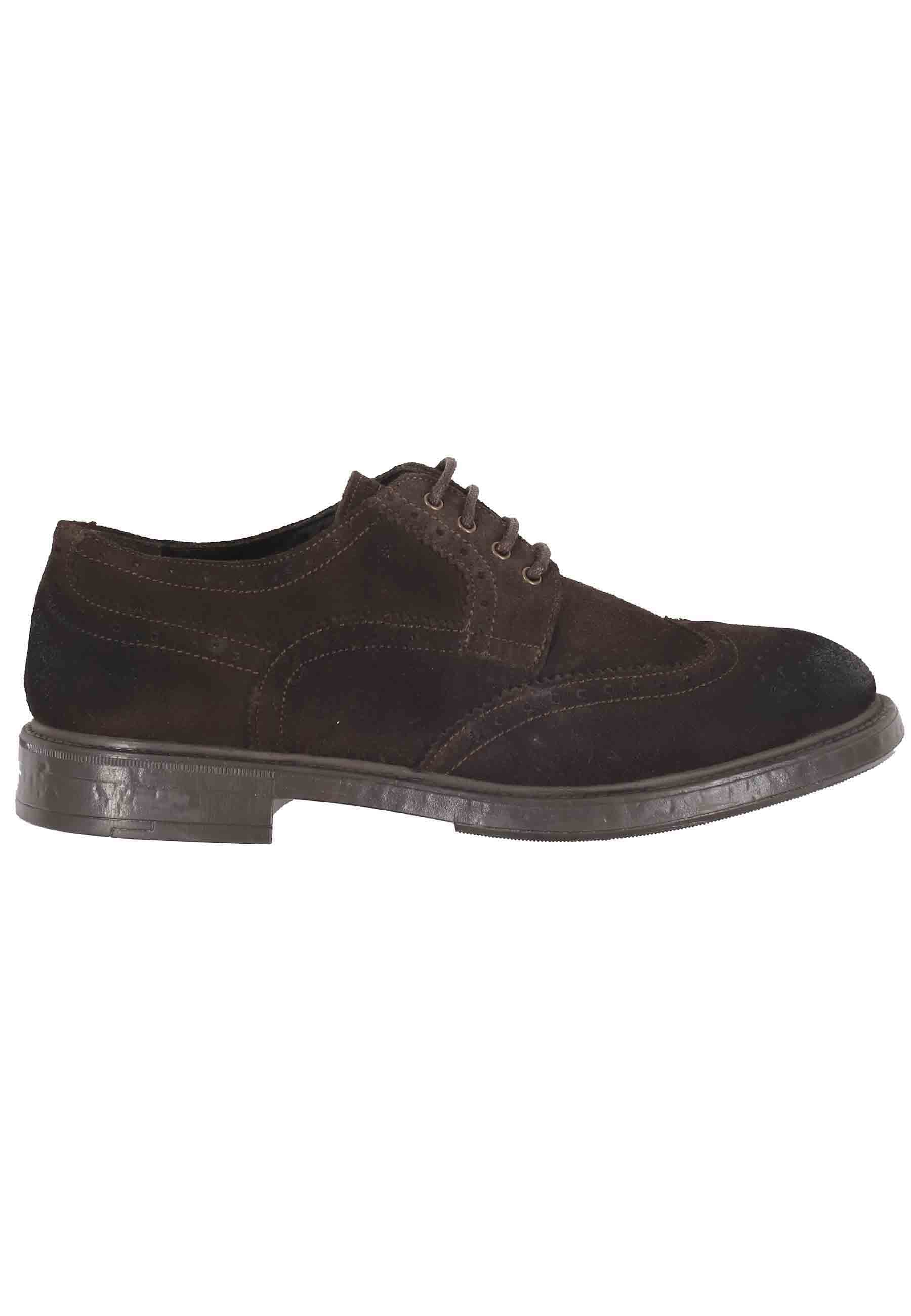 Men's lace-ups in dark brown suede with English stitching and rubber sole