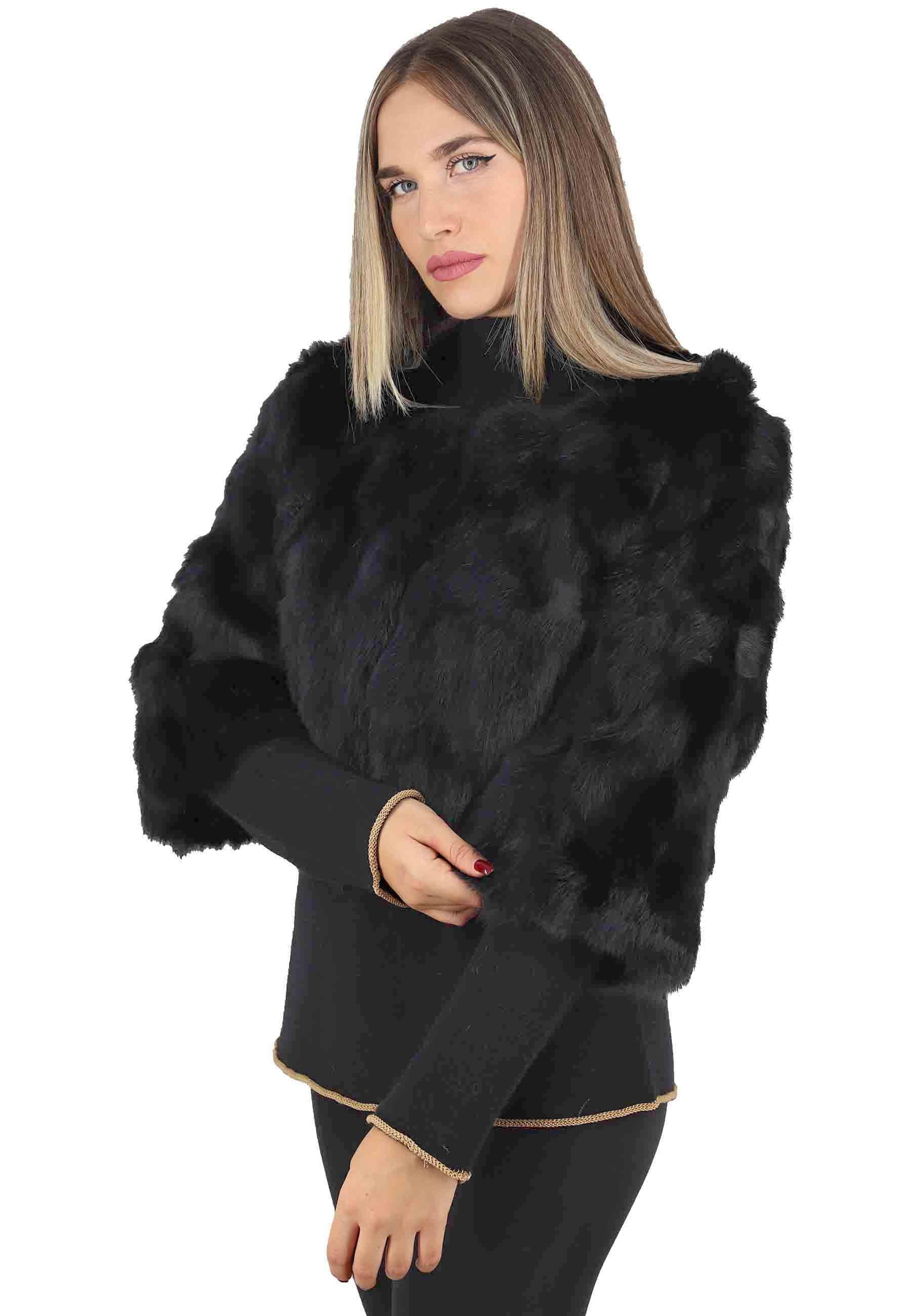 Women's black lapin jackets with crew neck