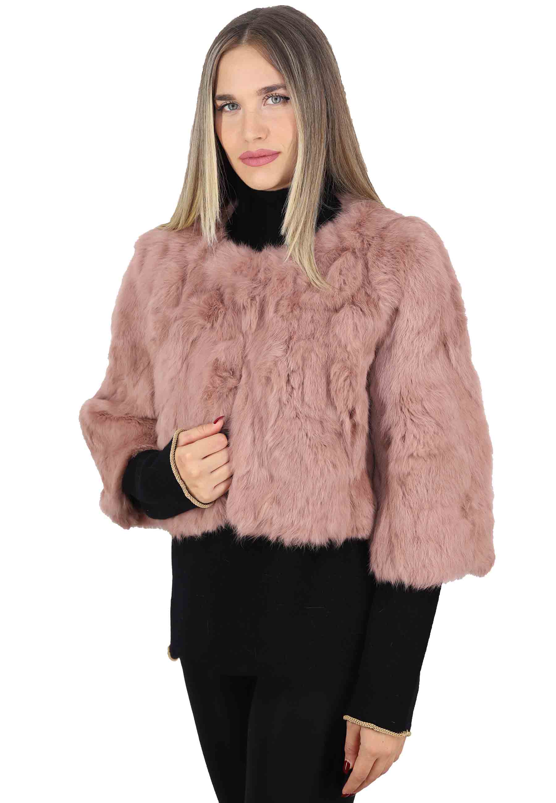 Women's jackets in powder pink rabbit with crew neck