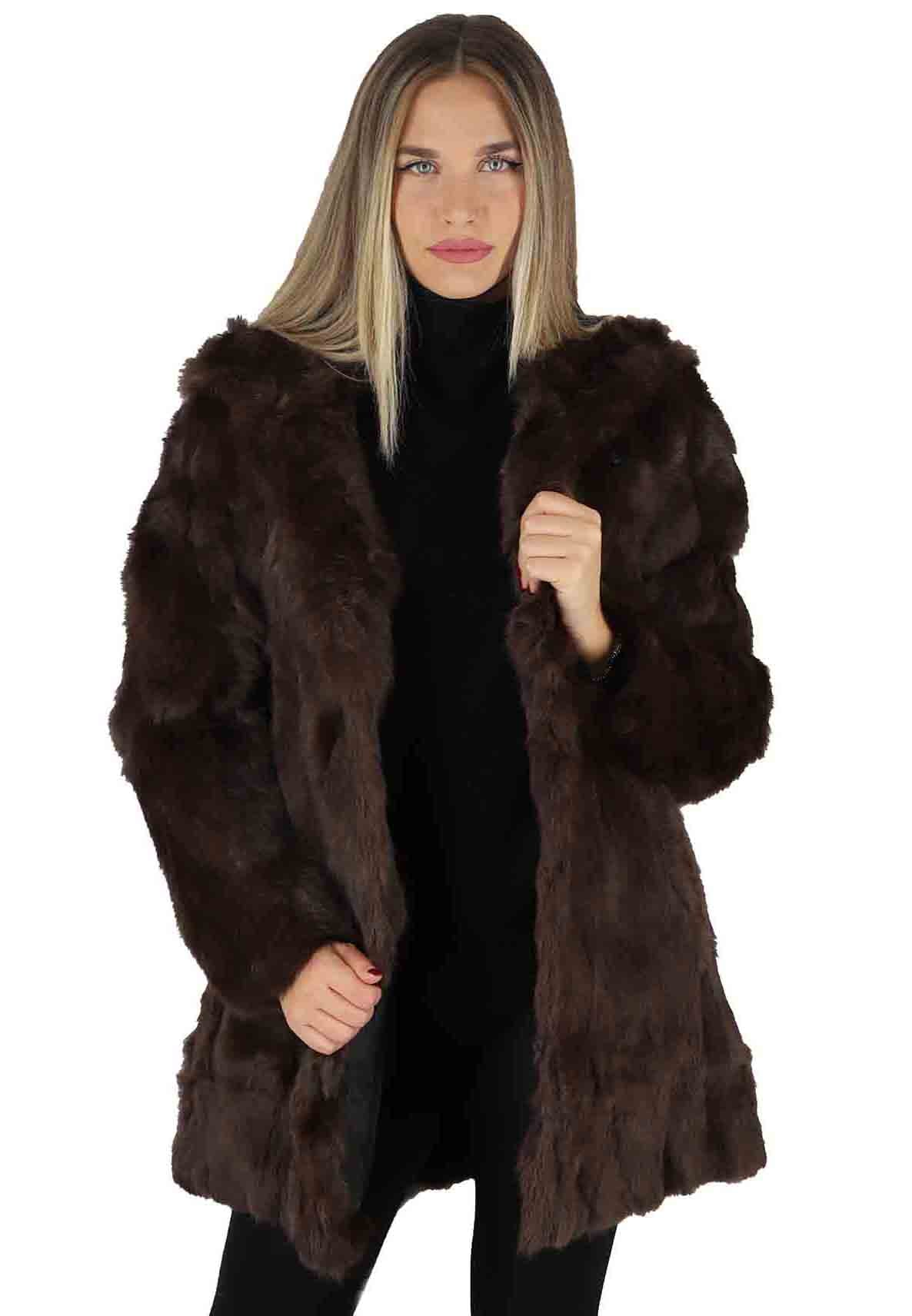 Women's brown rabbit fur parka coats with hood
