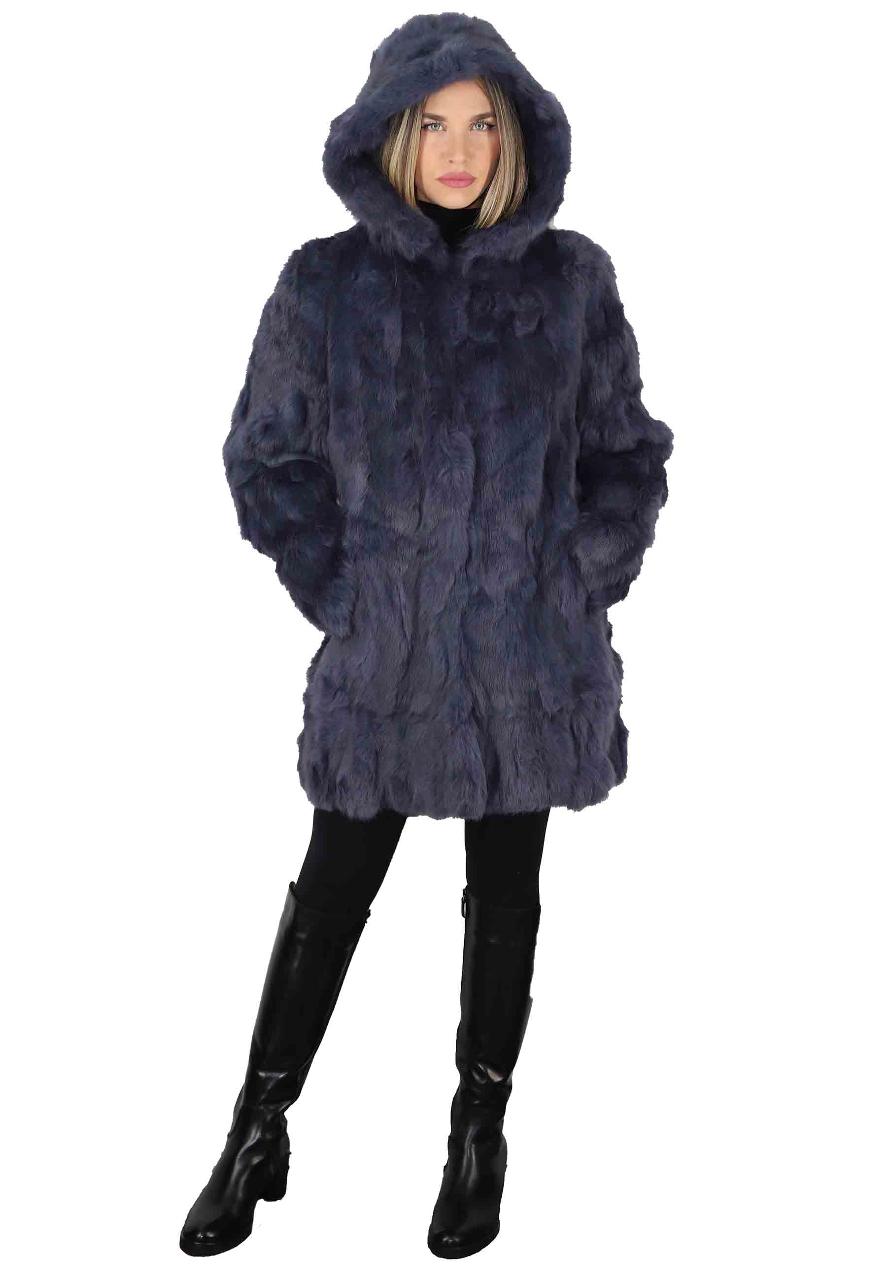 Women's parka coats in blue rabbit with hood