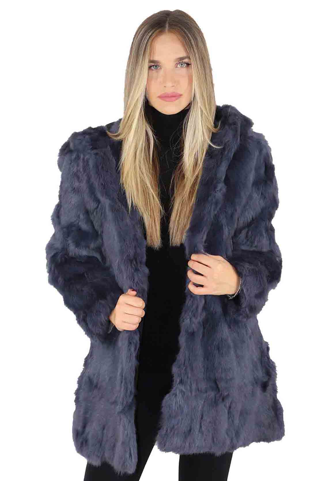 Women's parka coats in blue rabbit with hood