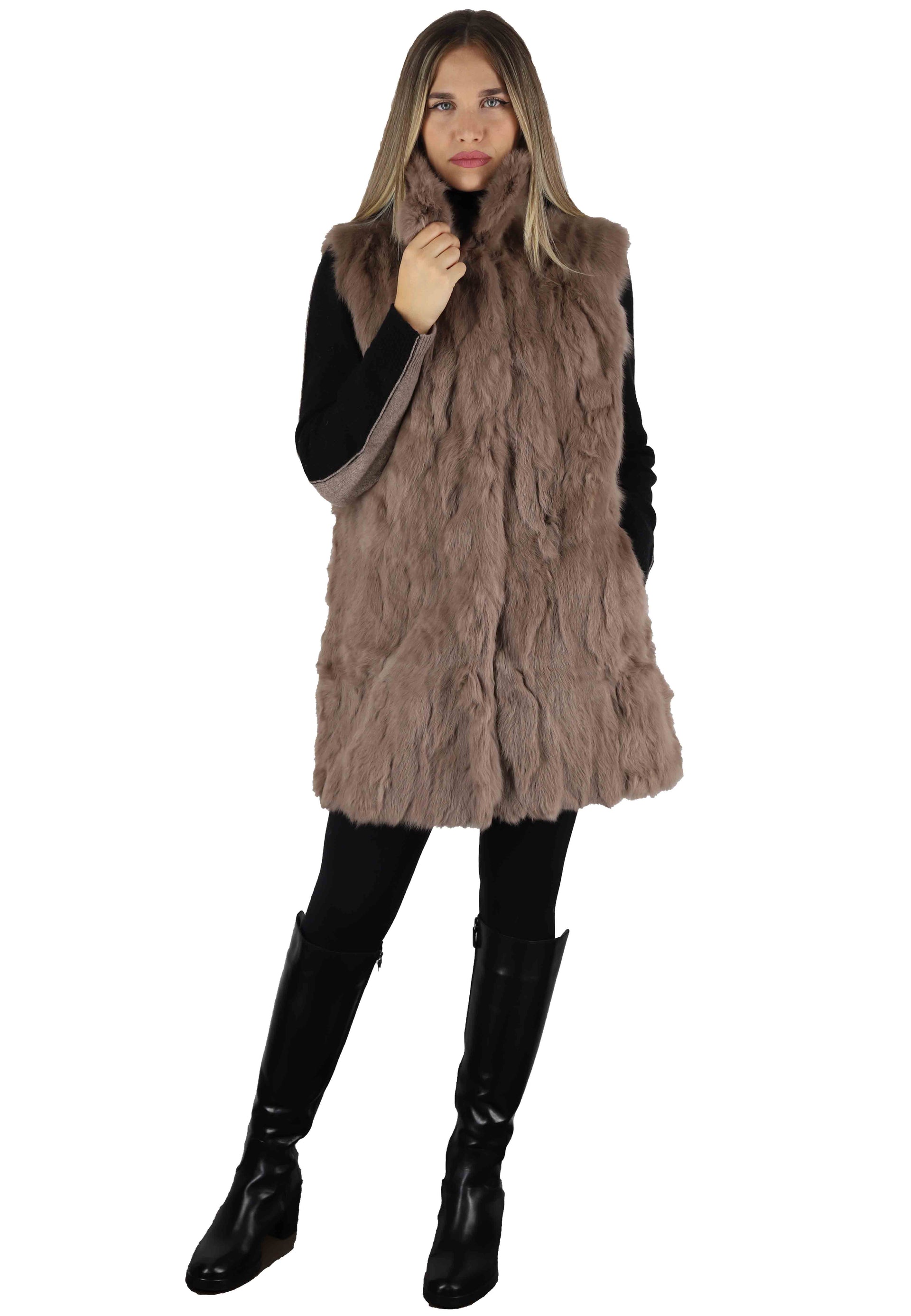 Women's jacket with armholes in taupe rabbit fur with high collar