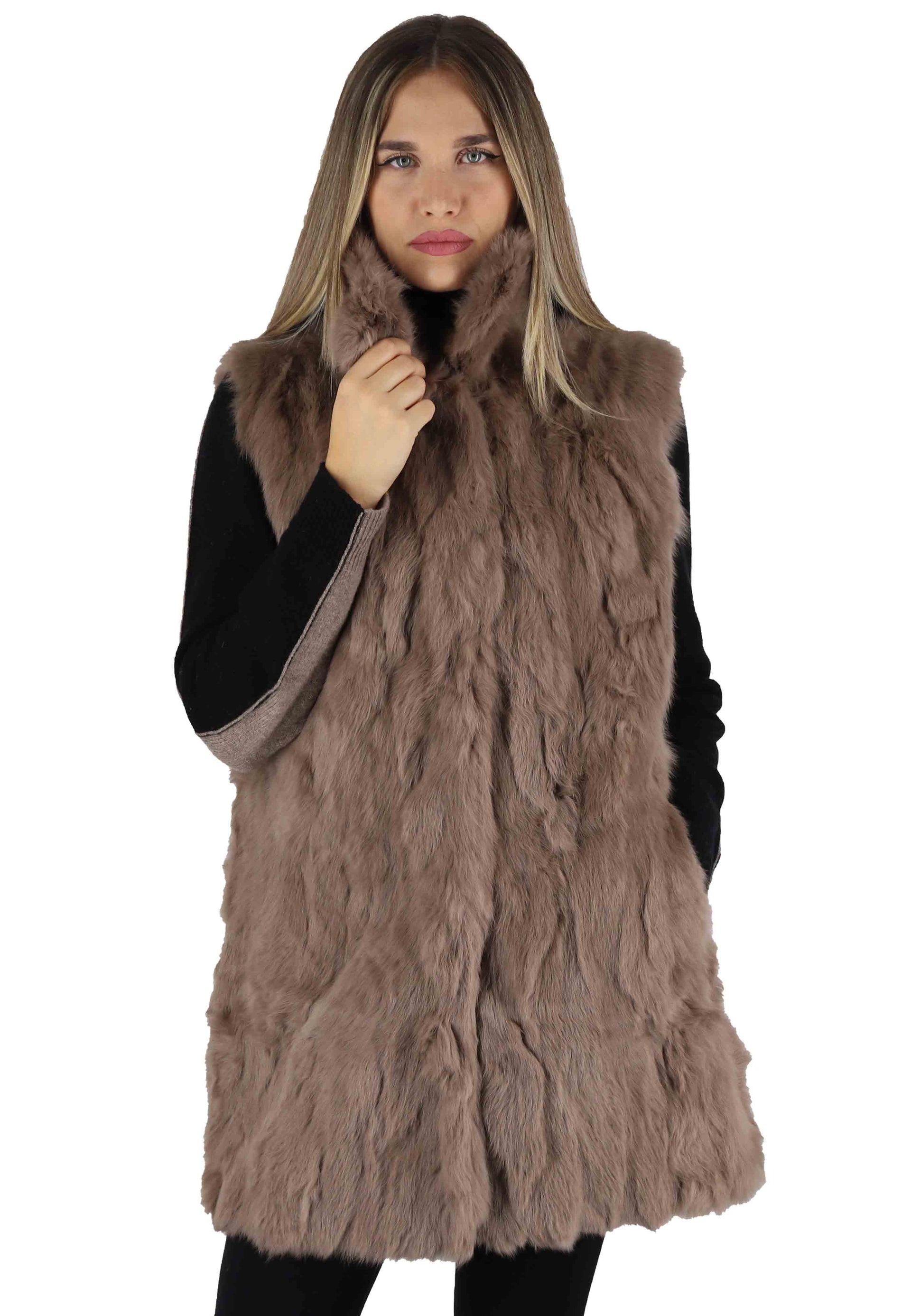 Women's jacket with armholes in taupe rabbit fur with high collar
