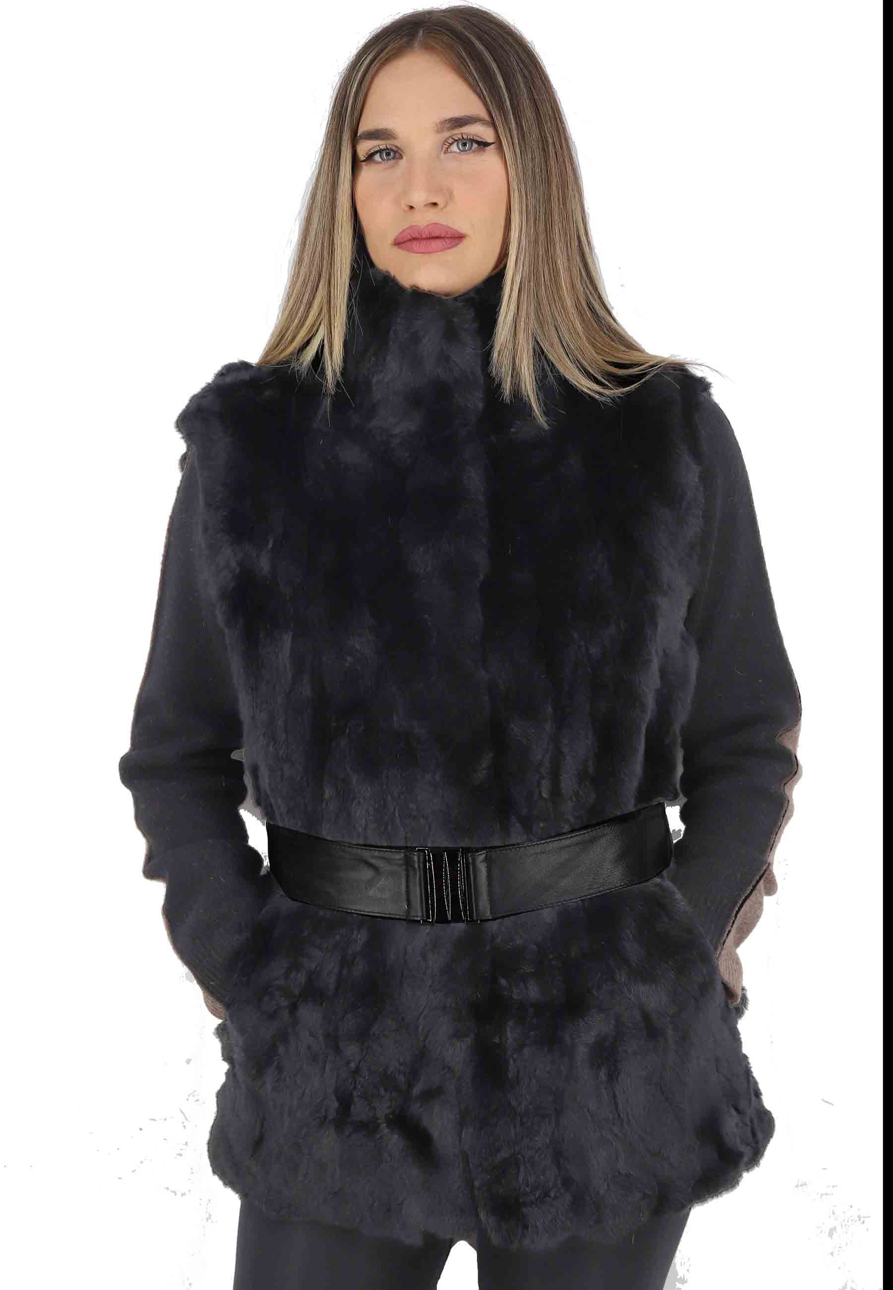 Gilet femme noir en lapin à col montant