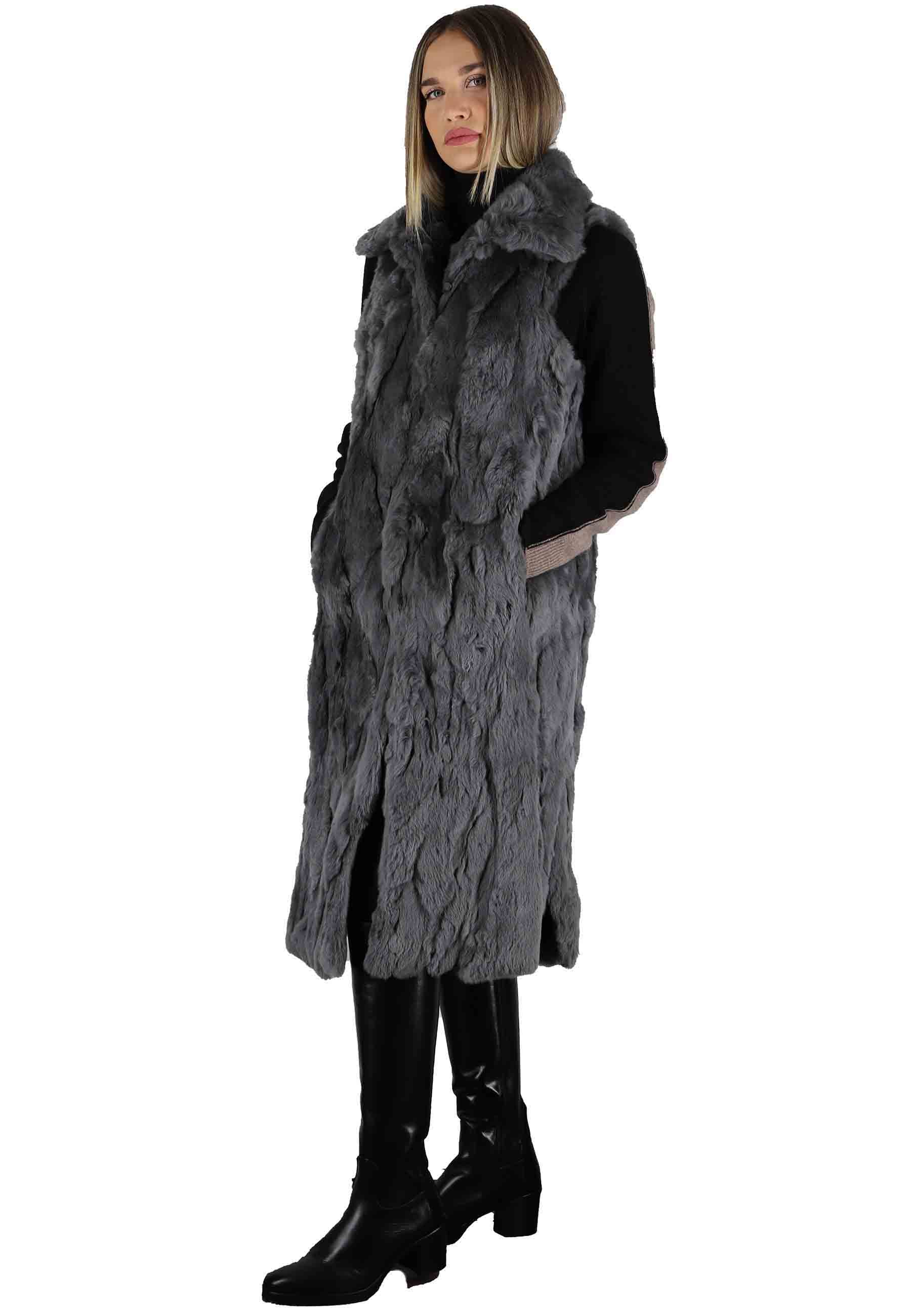 Women's gray rabbit fur coats with armholes and high collar