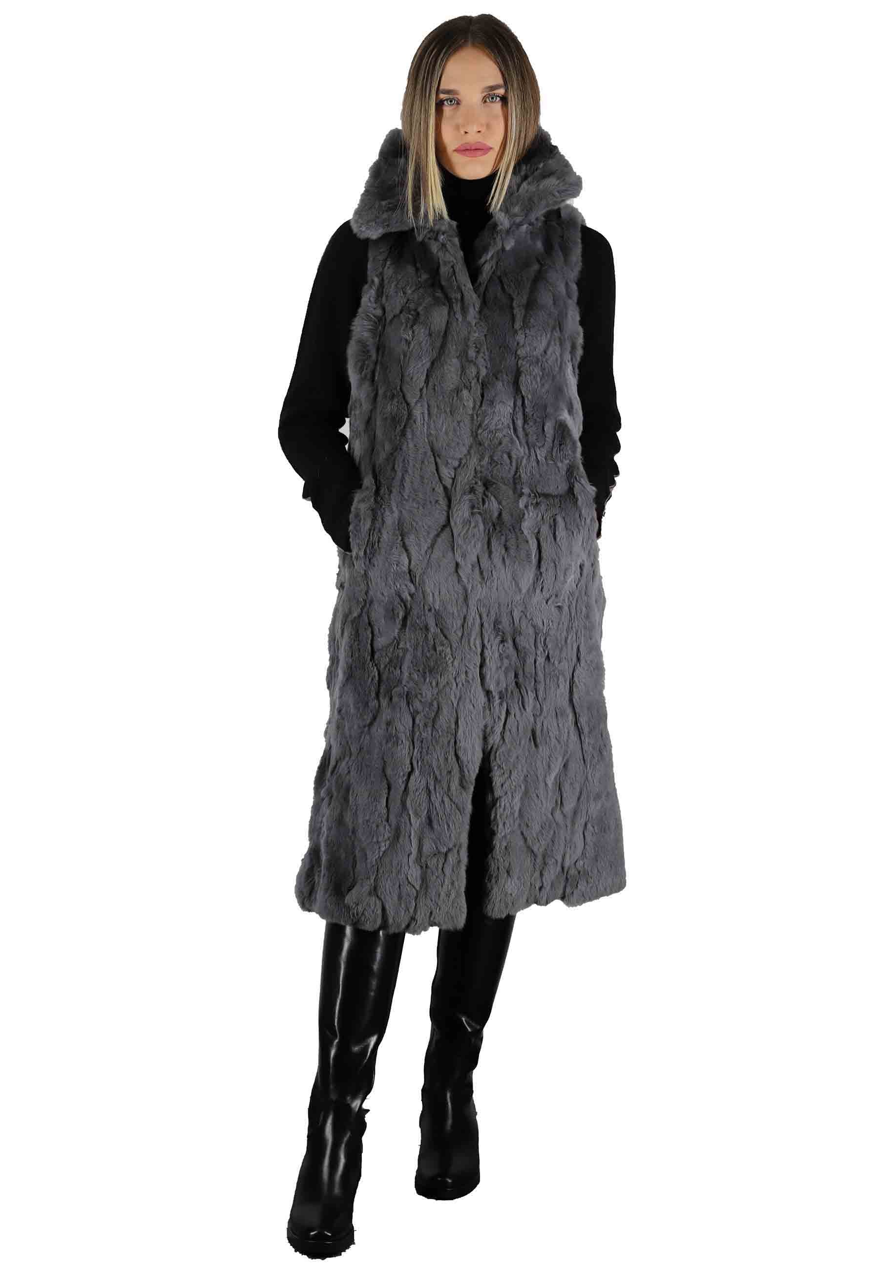 Women's gray rabbit fur coats with armholes and high collar