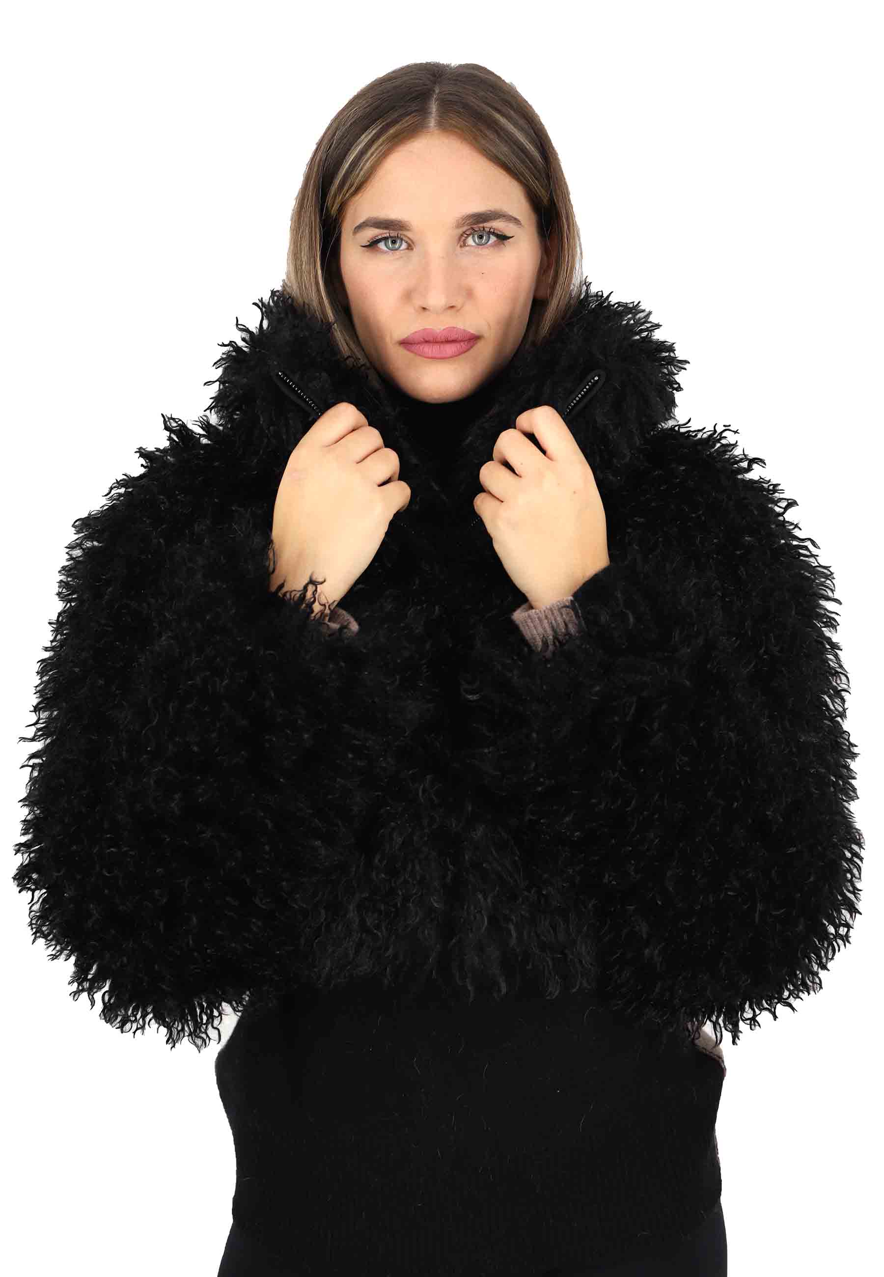 Short women's jackets in black eco fur