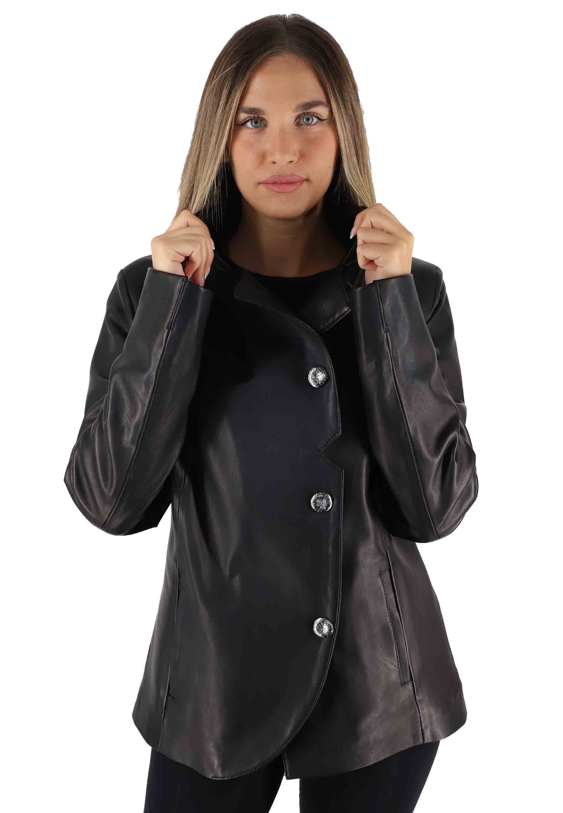 Single-breasted women's black leather jacket with jewel buttons