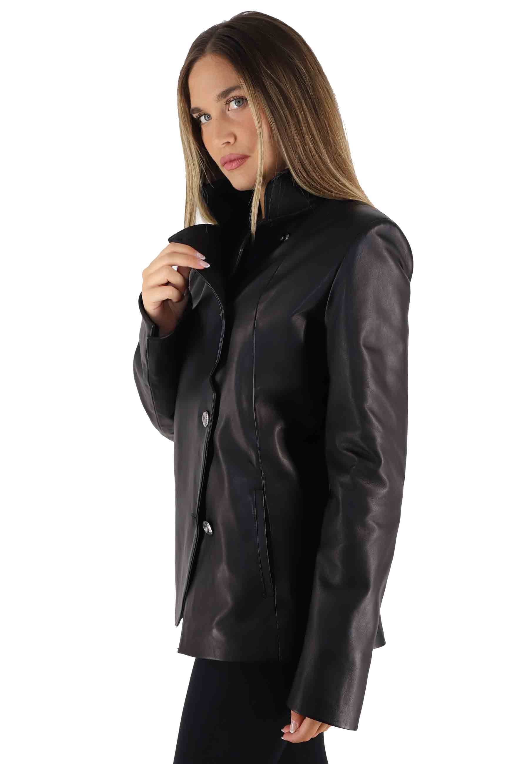 Single-breasted women's black leather jacket with jewel buttons