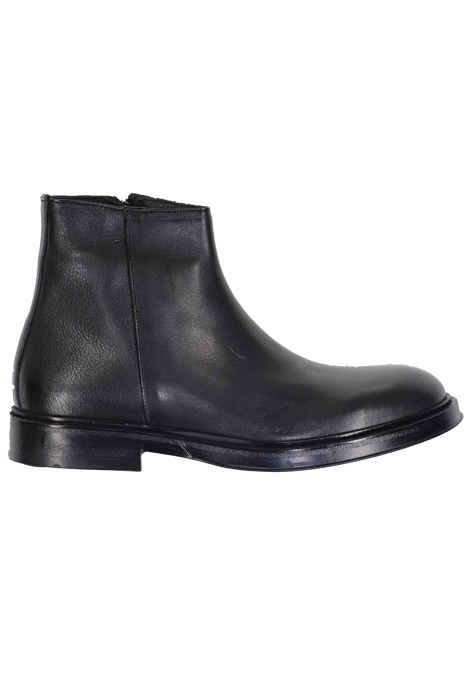 Men's black leather ankle boots with side zip and rubber sole