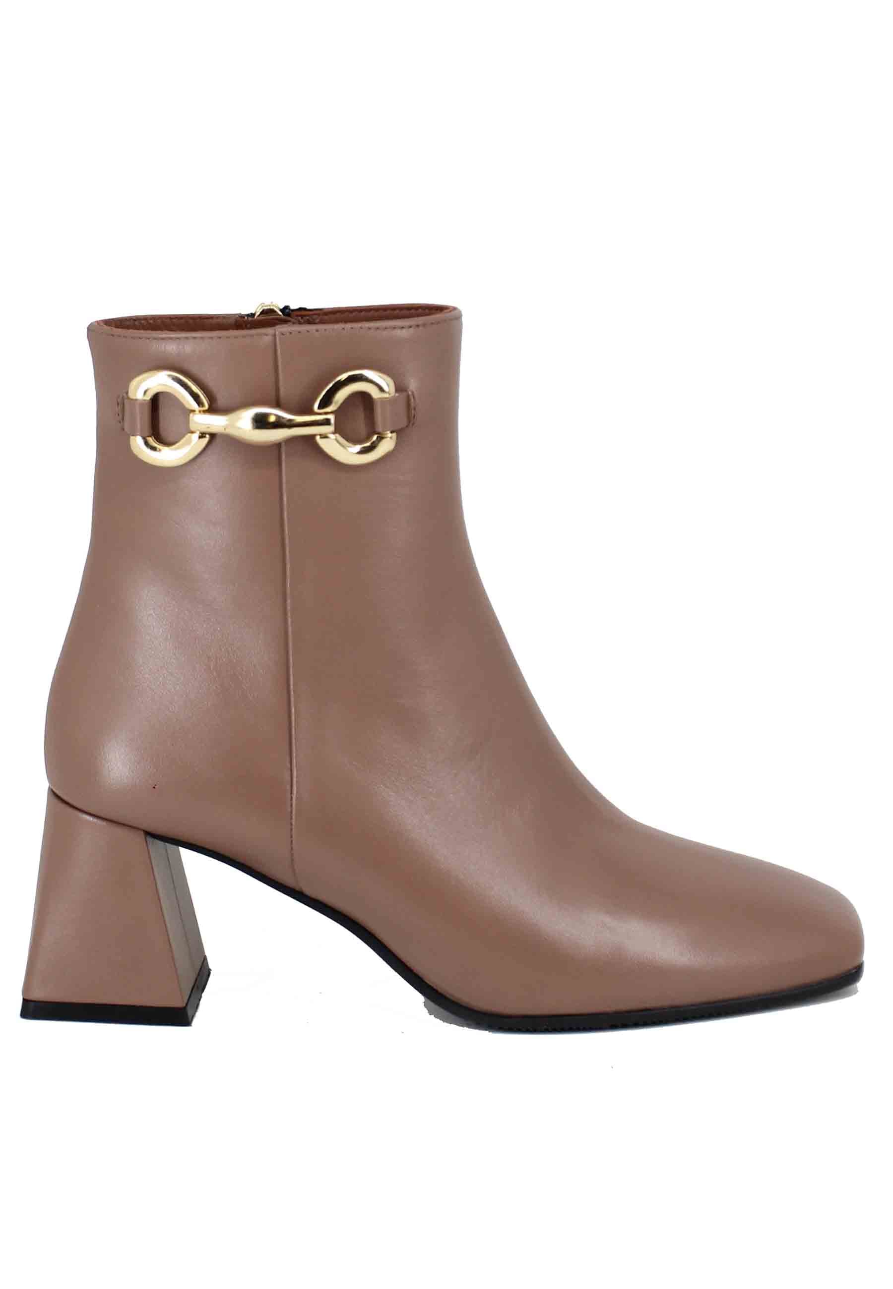 Women's taupe leather ankle boots with gold clamp