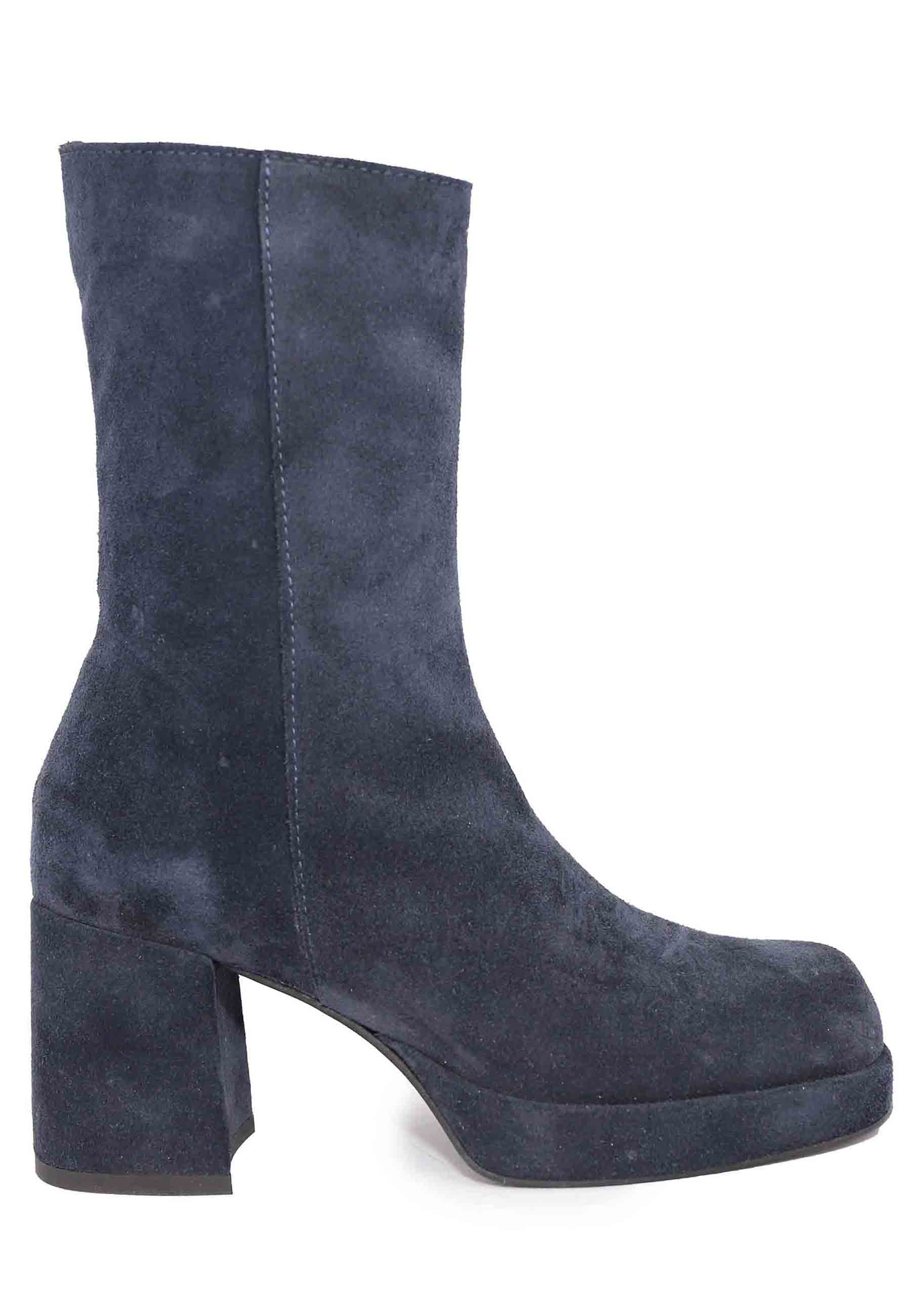 Women's ankle boots in blue suede with heel and platform