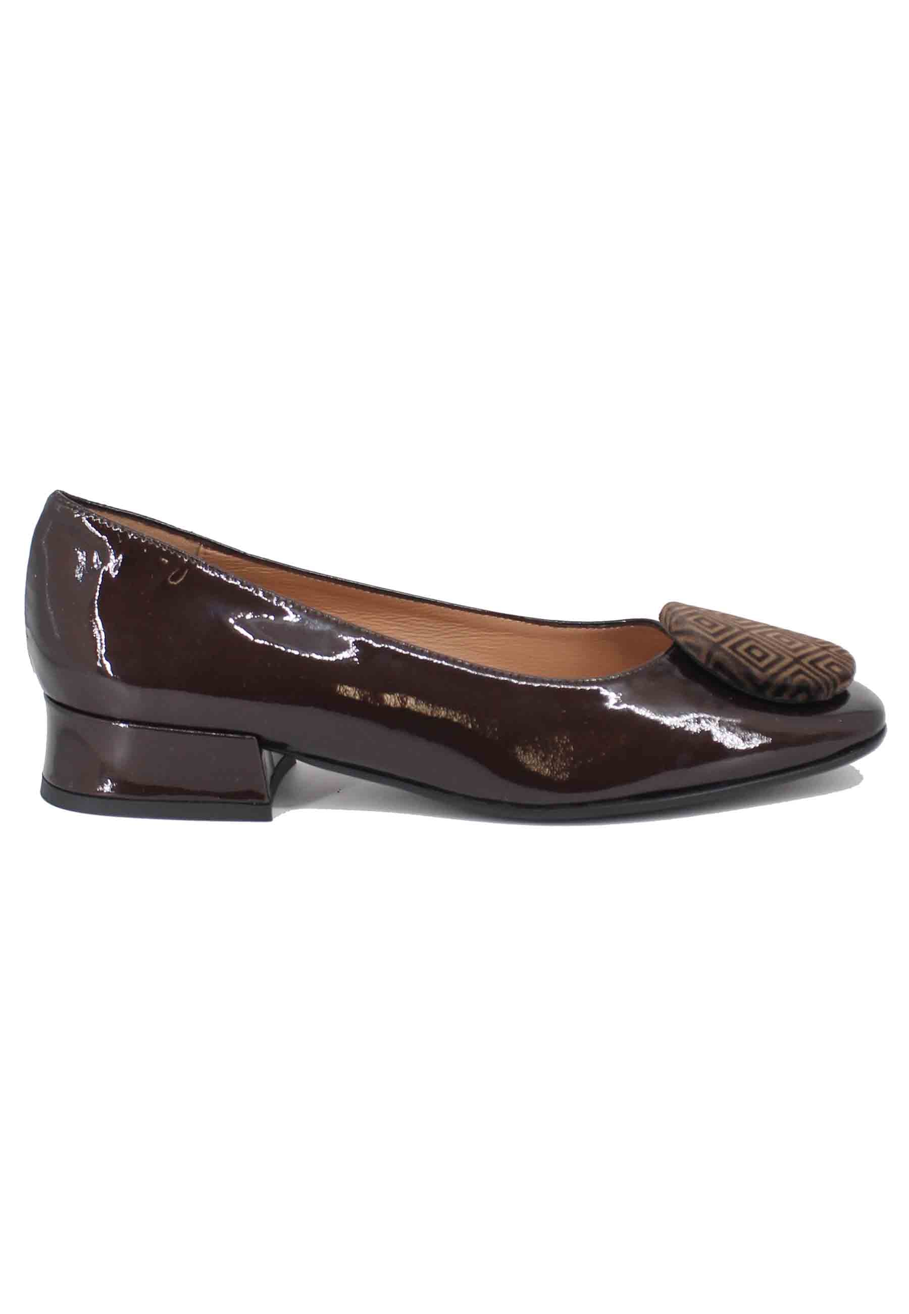 Women's dark brown leather ballet flats with suede accessory