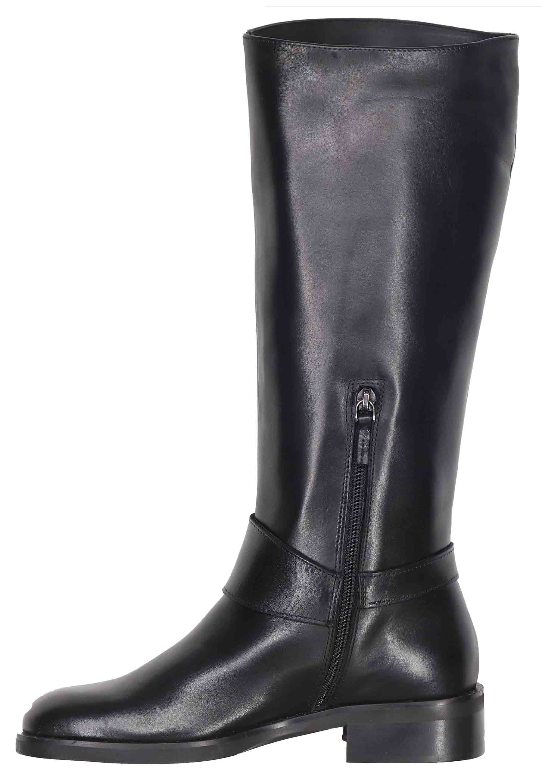Women's black leather boots with low heel buckle