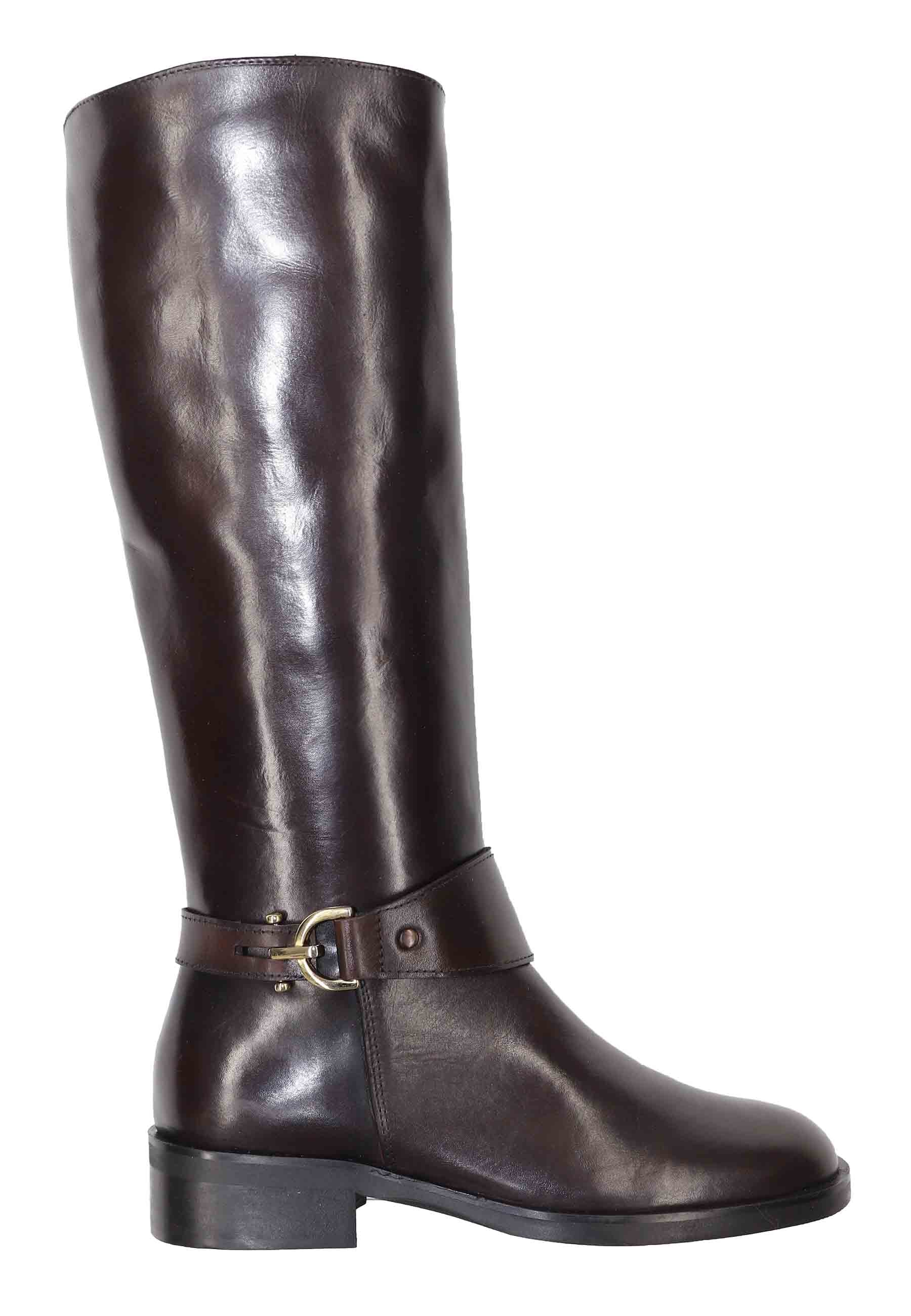 Women's brown leather boots with low heel buckle
