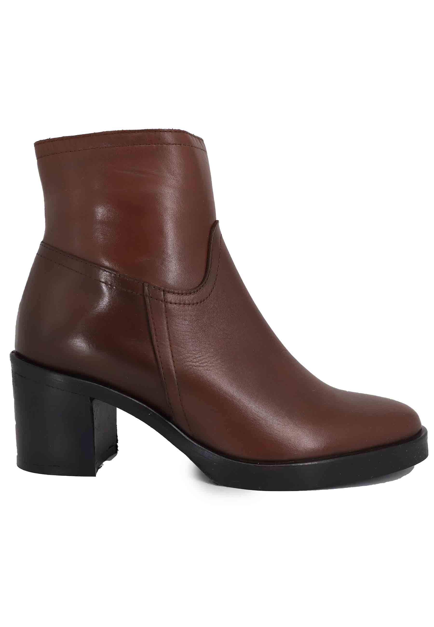 Women's brown leather ankle boots with heel and rubber sole