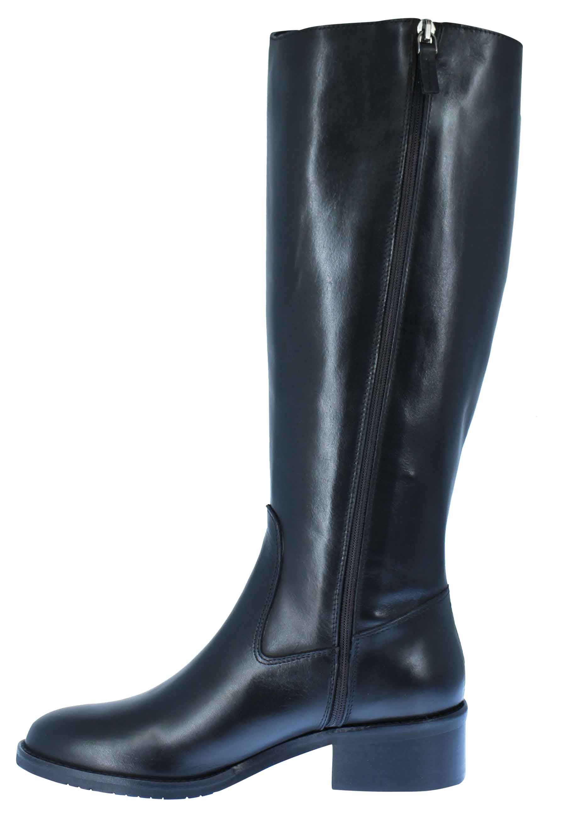 Stivali donna in pelle nera tacco basso con borchie e zip laterale