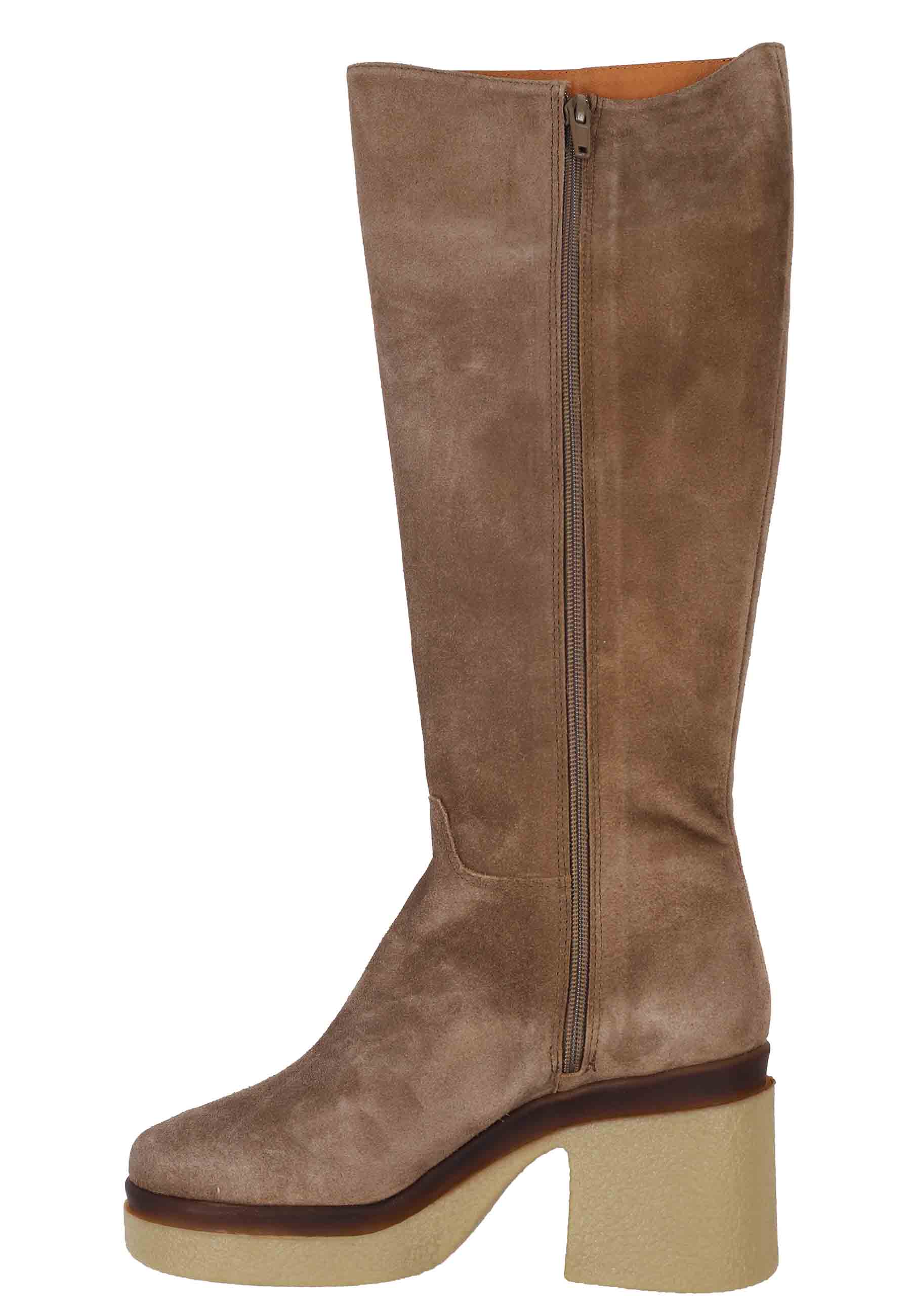 Women's boots in taupe suede with high crepe wedge
