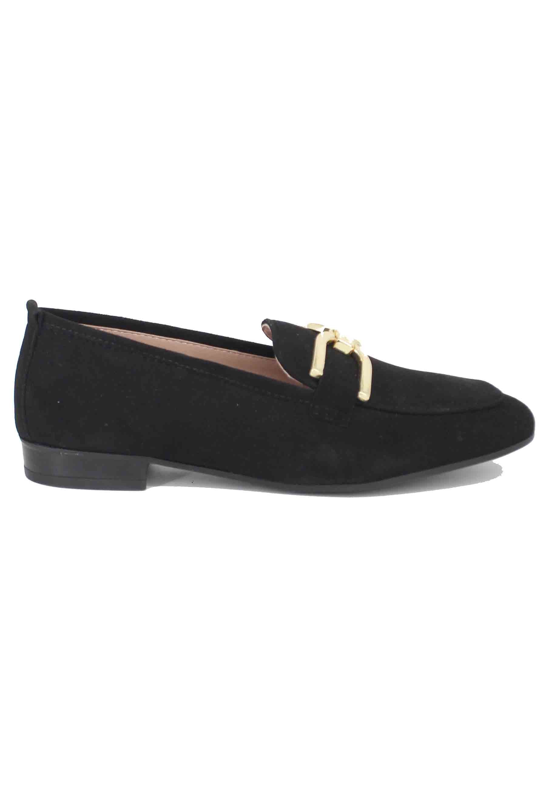 Women's black suede moccasins with gold horsebit