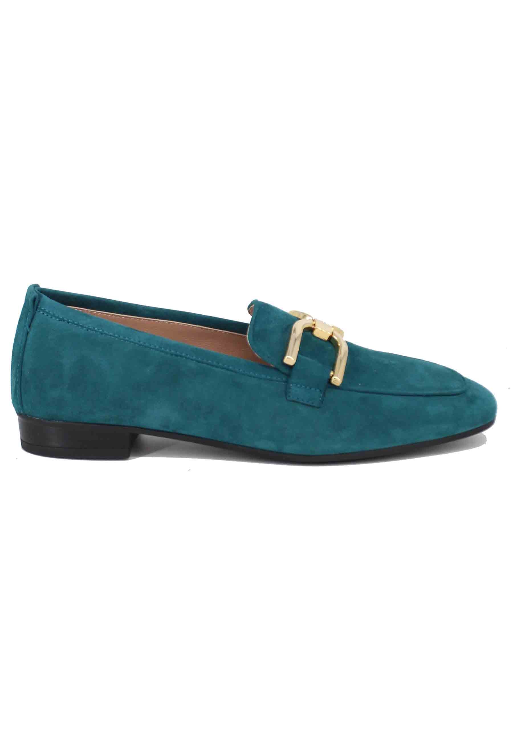 Women's moccasins in petrol suede with gold horsebit