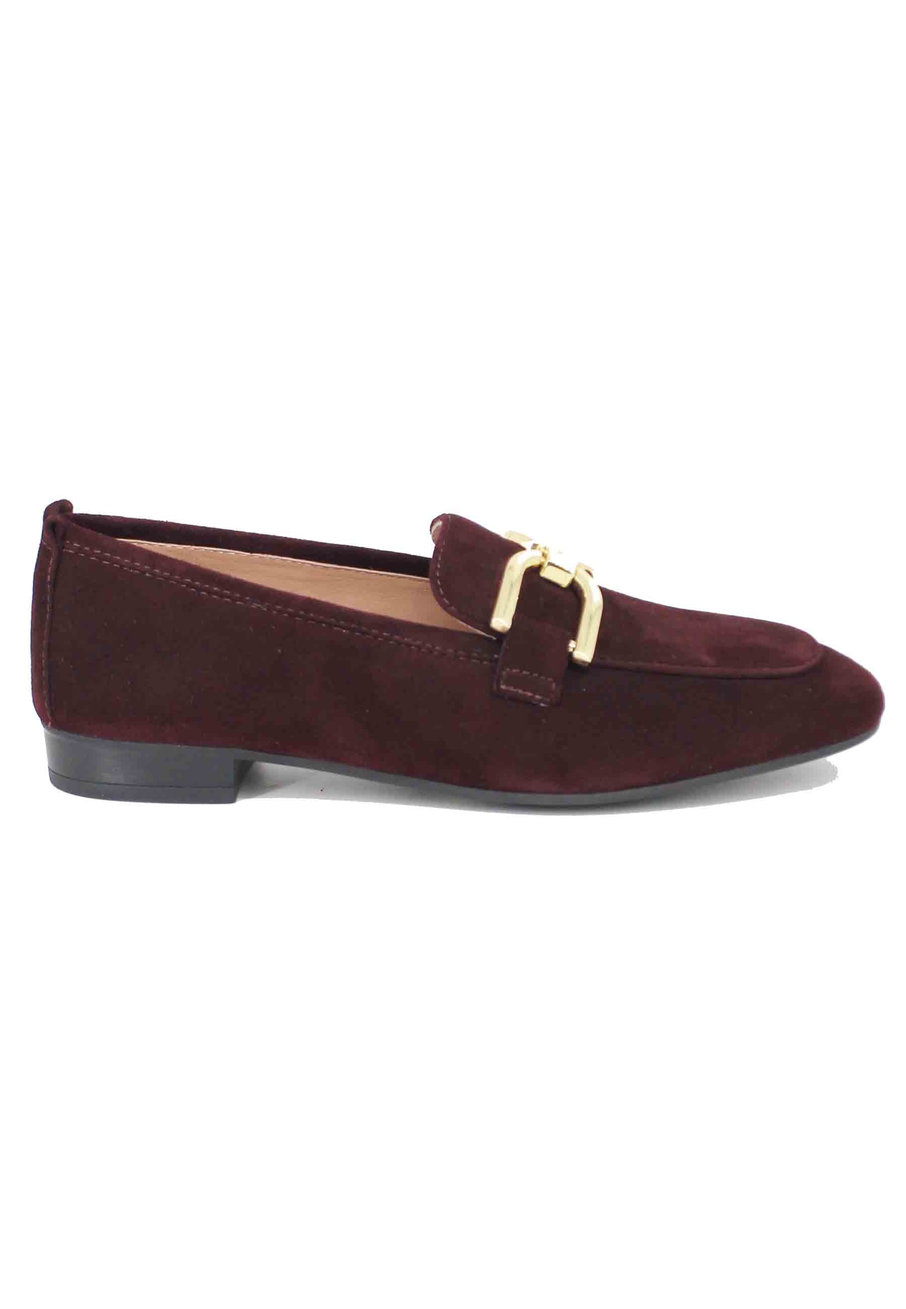 Women's moccasins in burgundy suede with gold horsebit