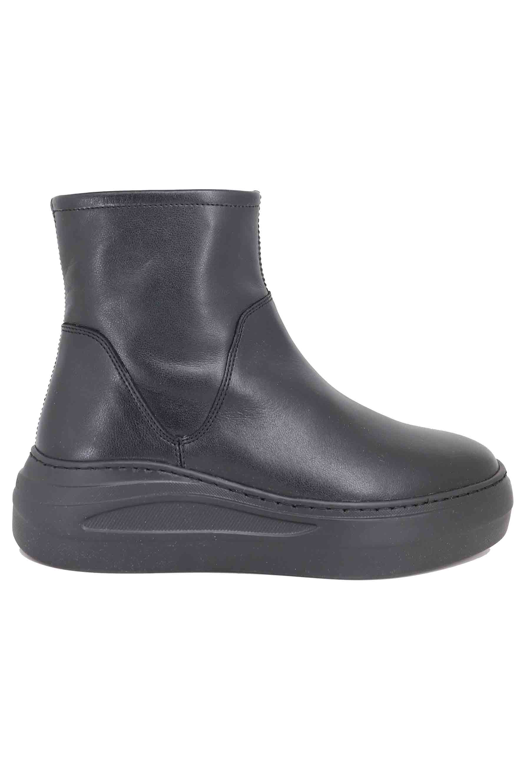 Women's black leather ankle boots with ultra-light rubber wedge