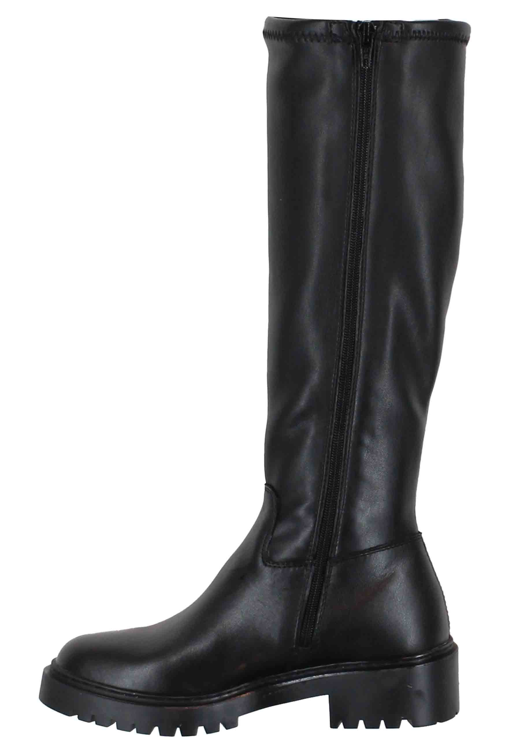 Women's black leather boots with lug sole and round toe