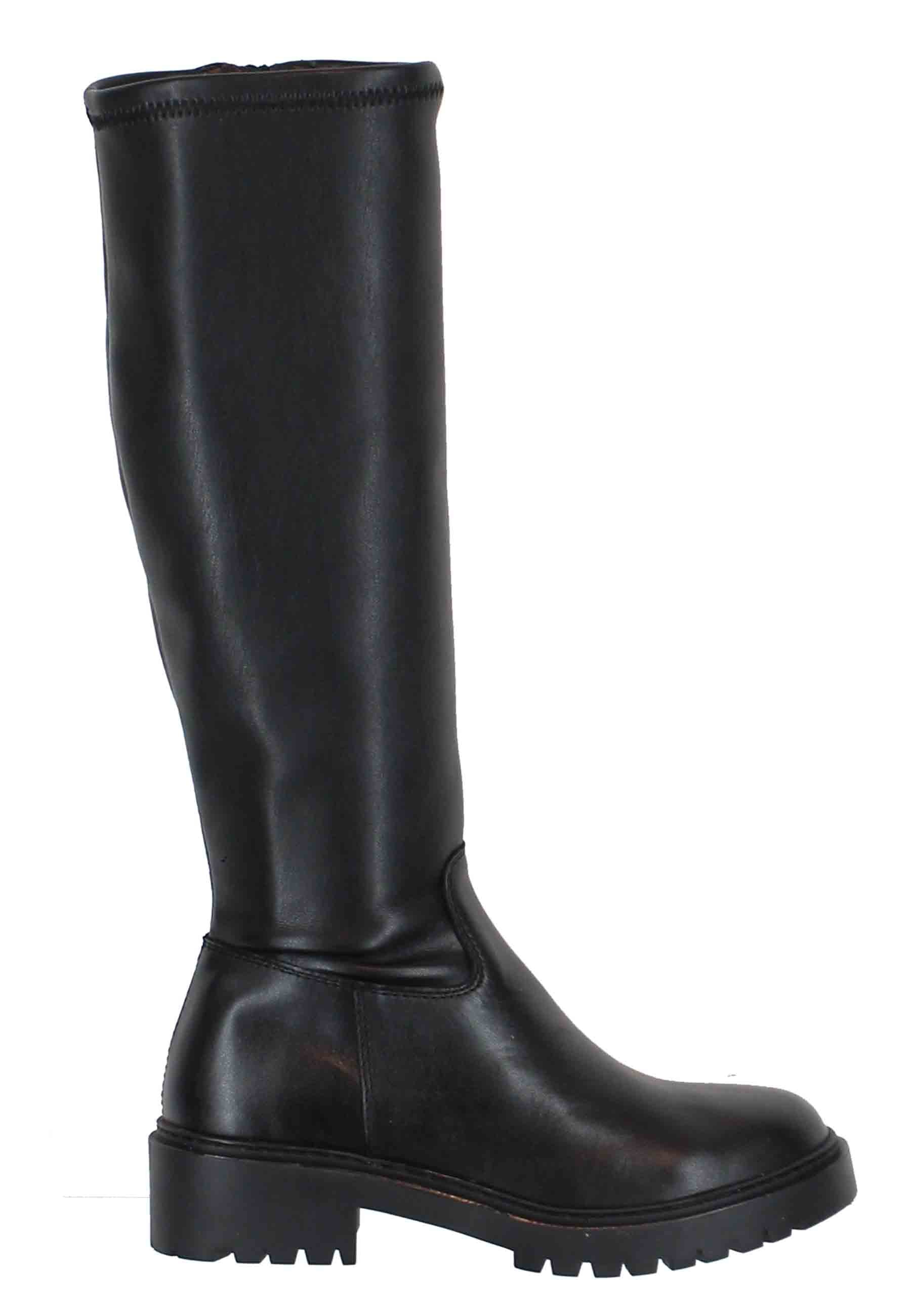 Women's black leather boots with lug sole and round toe