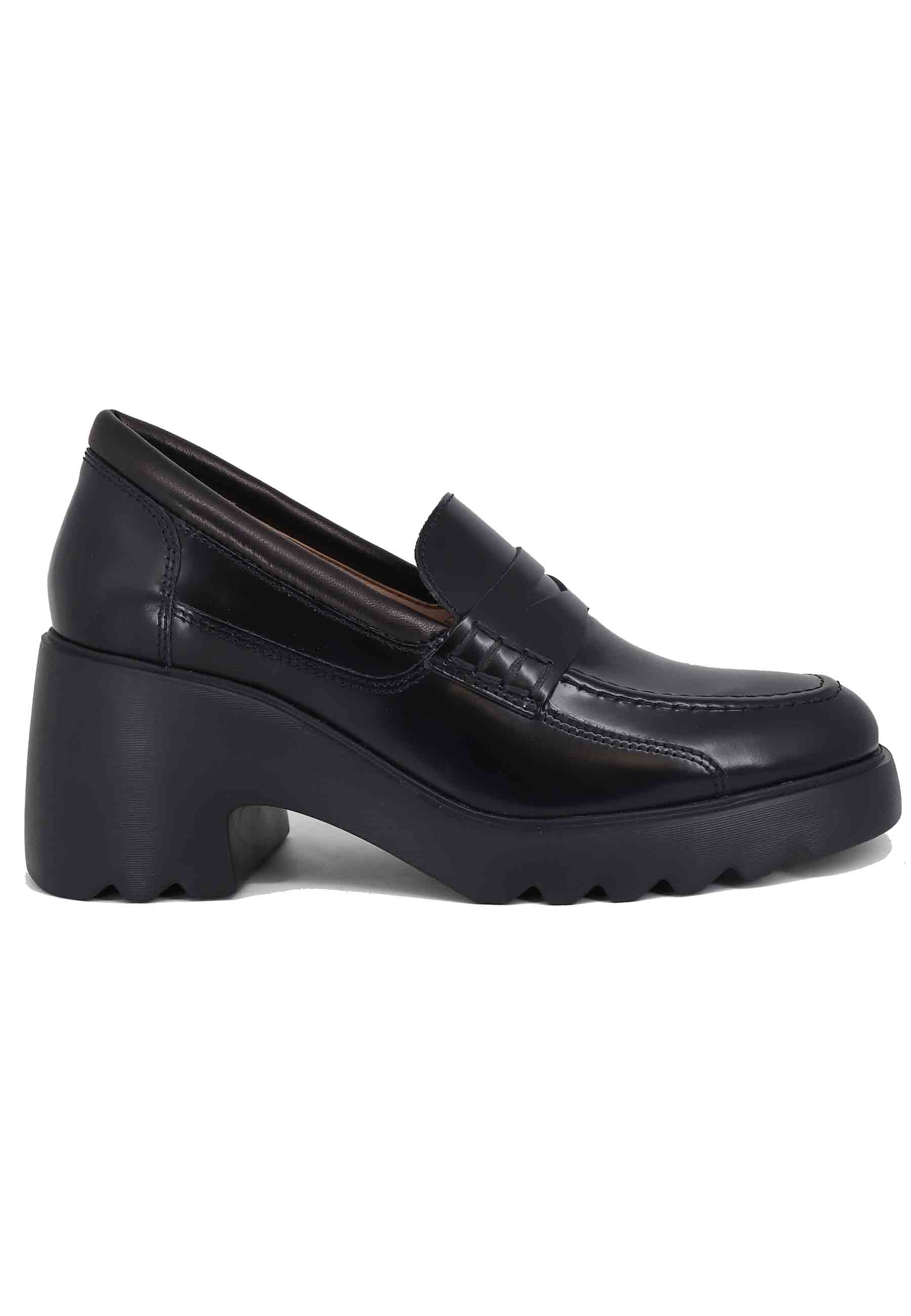 Women's black leather moccasins with high rubber sole