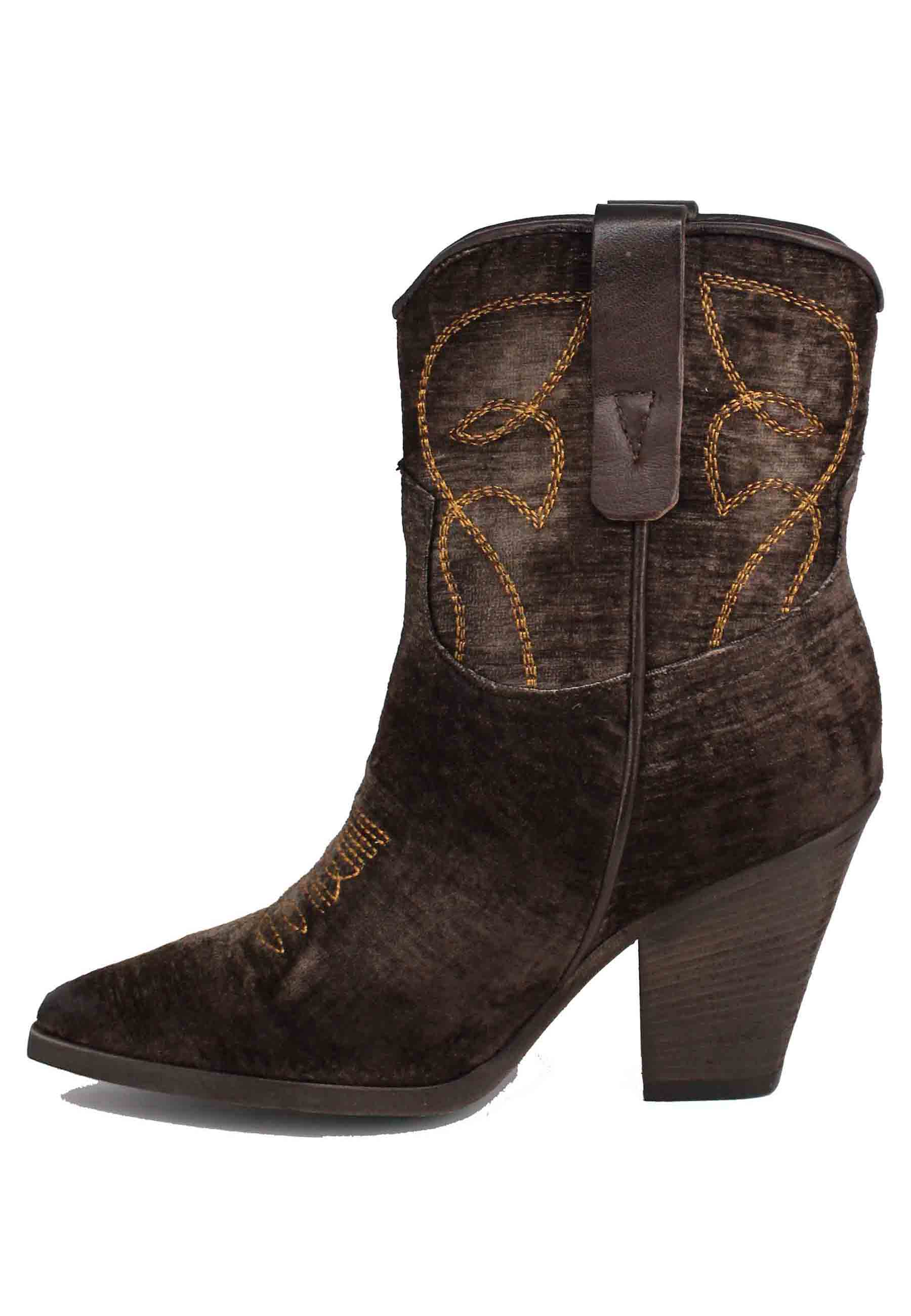 Women's Texan boots in dark brown velvet with high heel