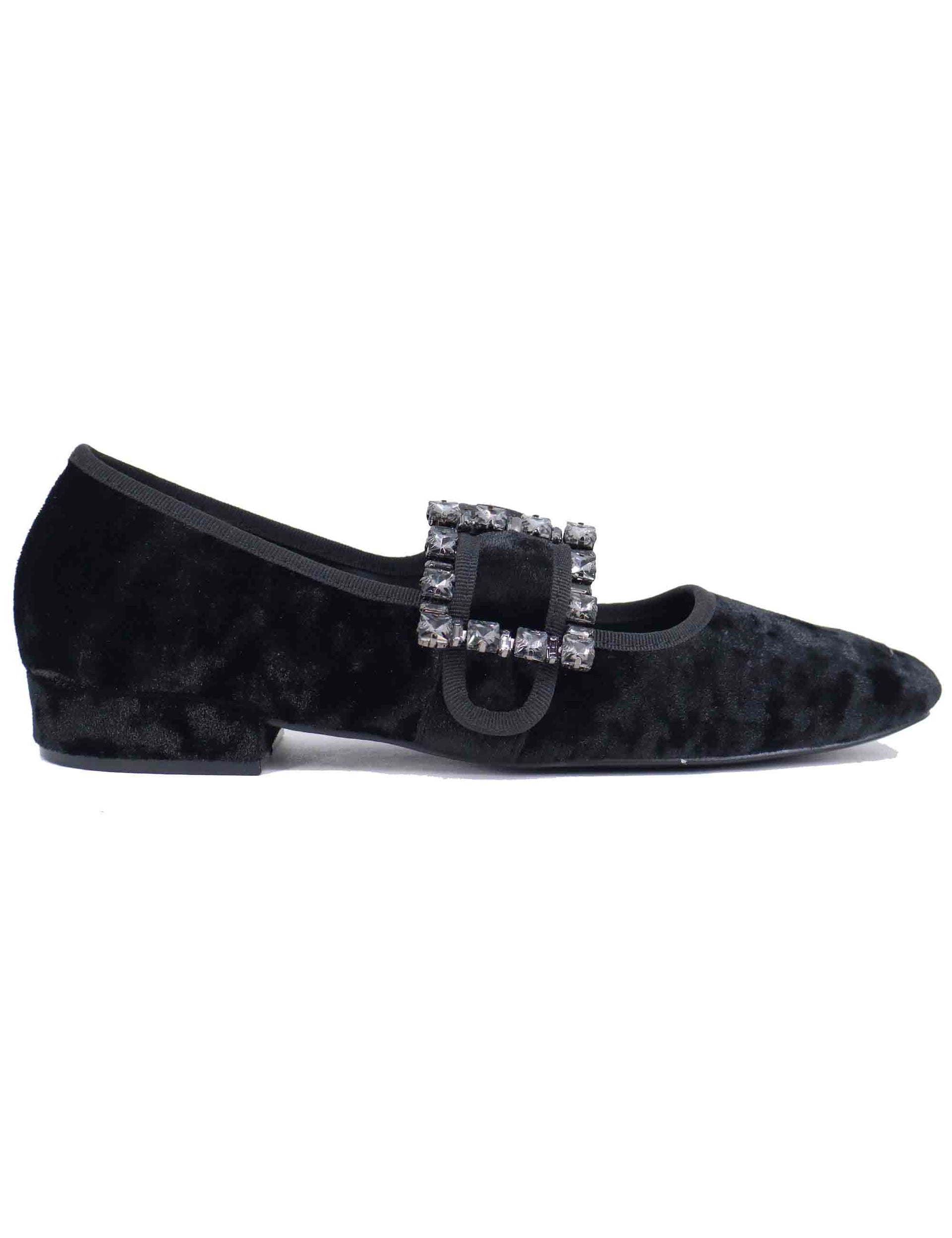 Ballerine donna in velluto nero con fibbia in strass