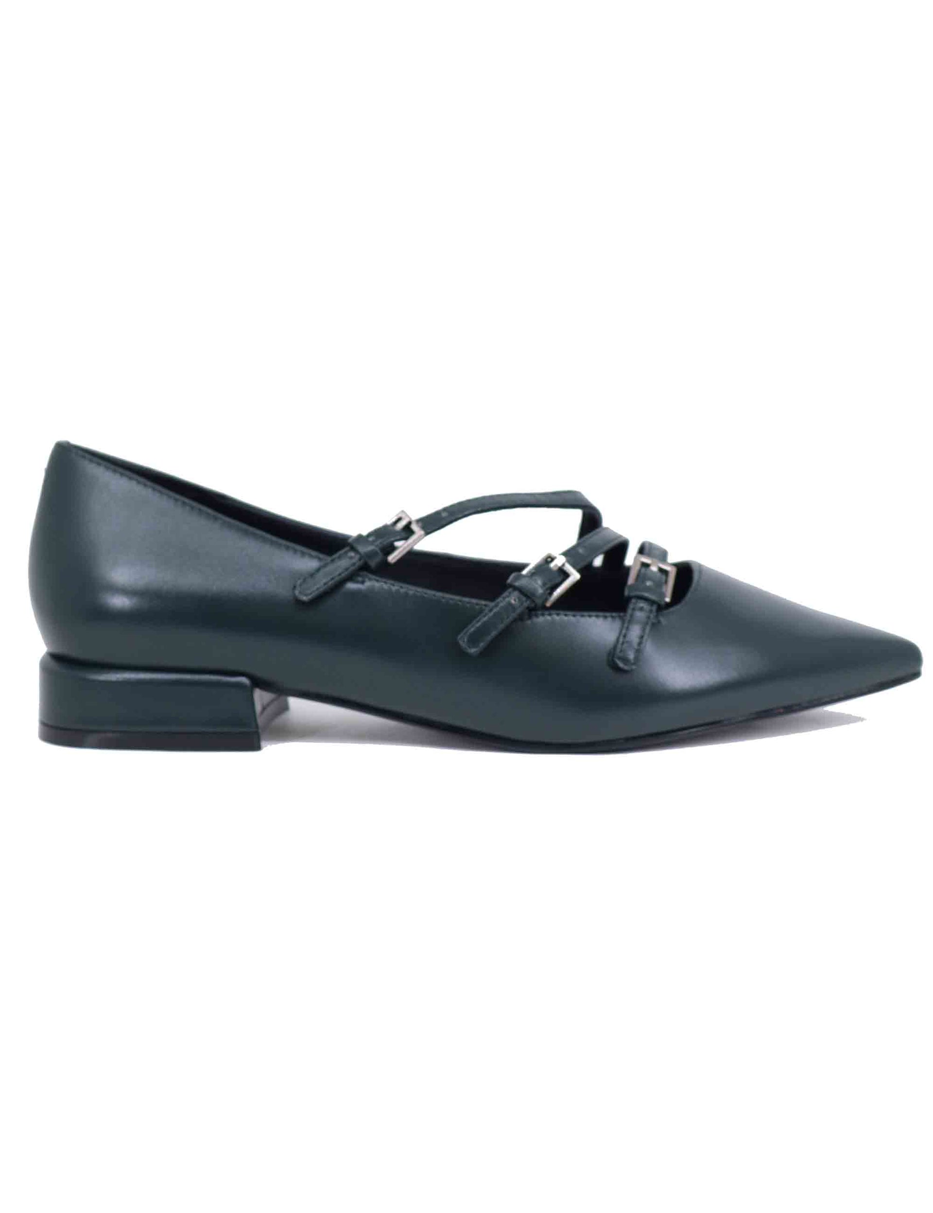 Women's green leather ballerinas with straps