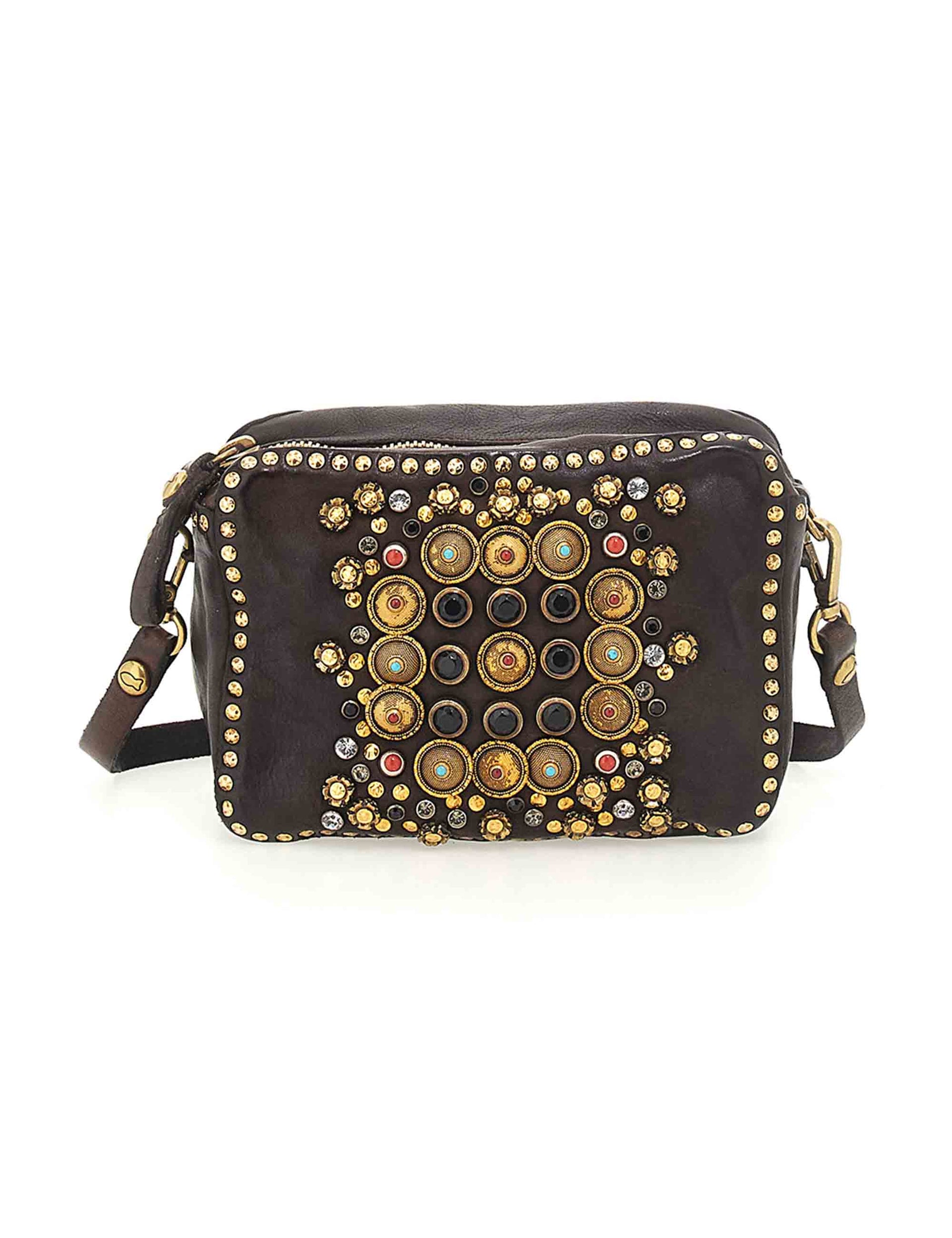 Women's leather bags dark brown with studs