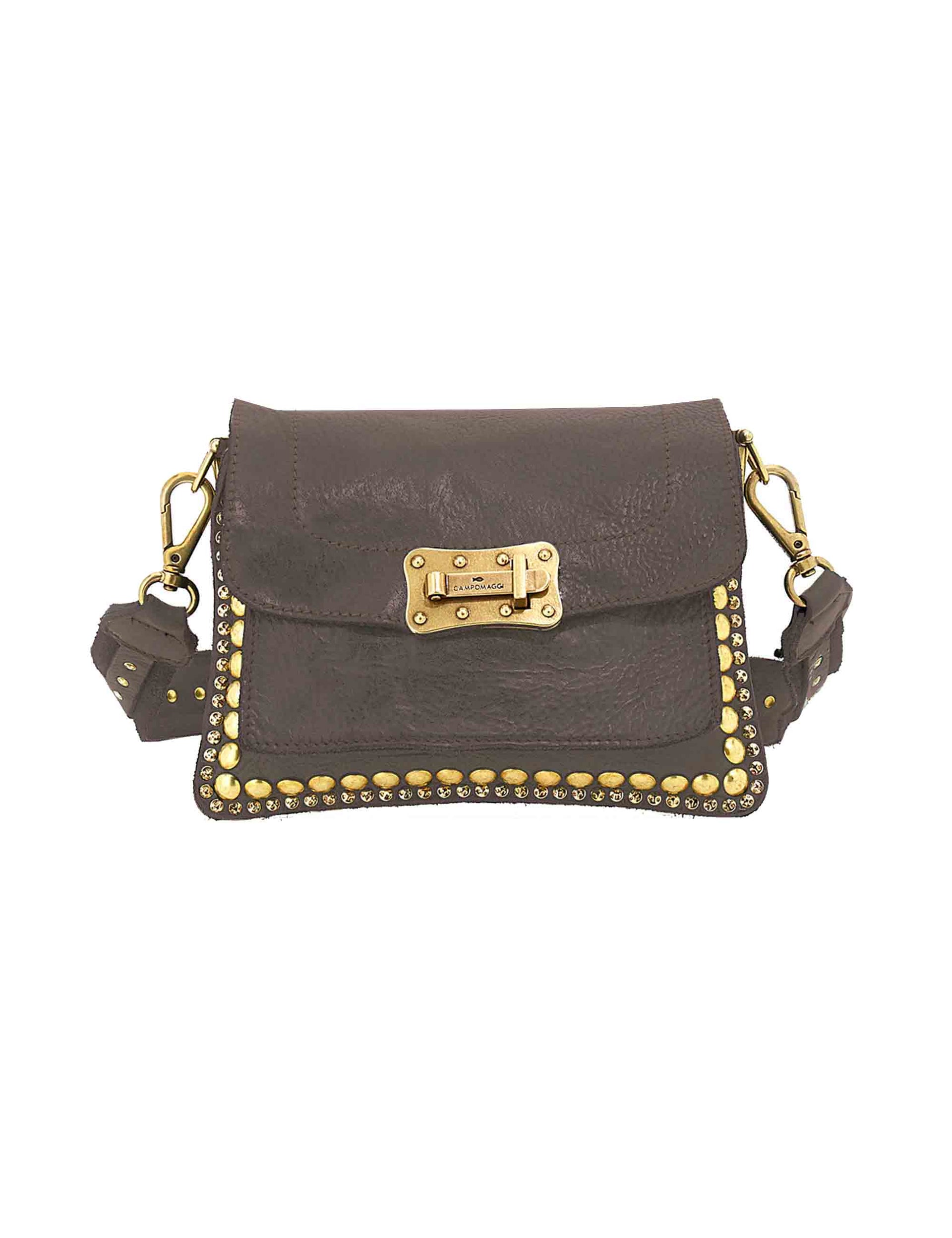 Women's shoulder bag in grey leather with gold studs