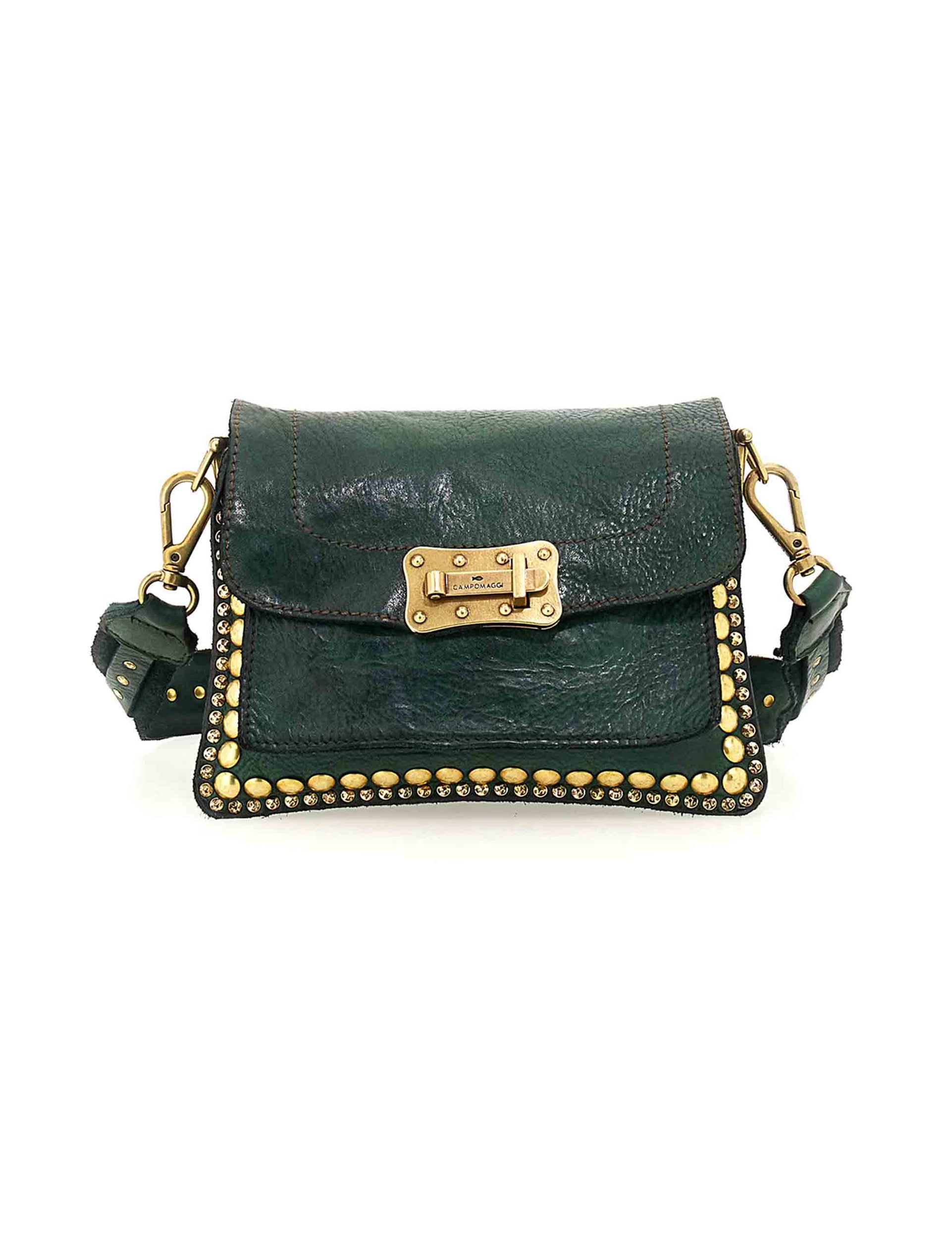 Women's shoulder bag in green leather with gold studs